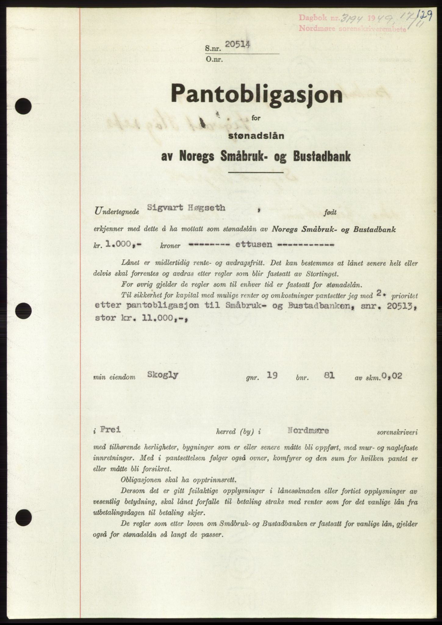 Nordmøre sorenskriveri, SAT/A-4132/1/2/2Ca: Mortgage book no. B103, 1949-1950, Diary no: : 3194/1949