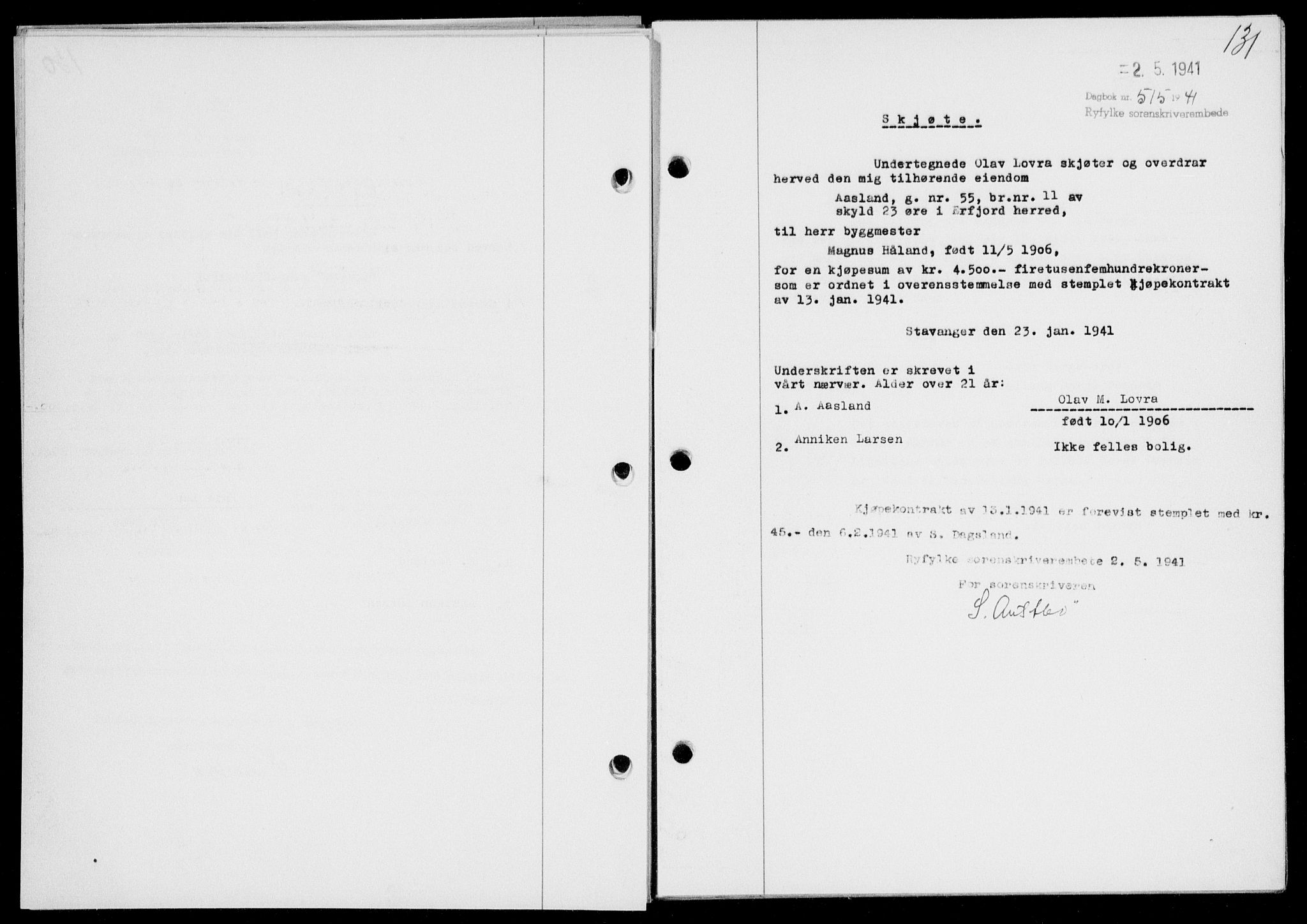 Ryfylke tingrett, SAST/A-100055/001/II/IIB/L0085: Mortgage book no. 64, 1941-1941, Diary no: : 515/1941