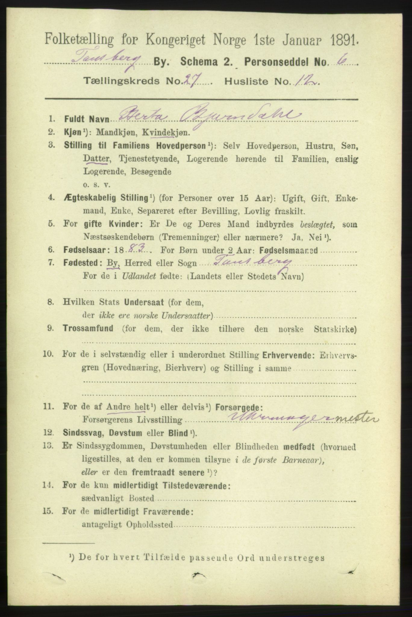 RA, 1891 census for 0705 Tønsberg, 1891, p. 6907