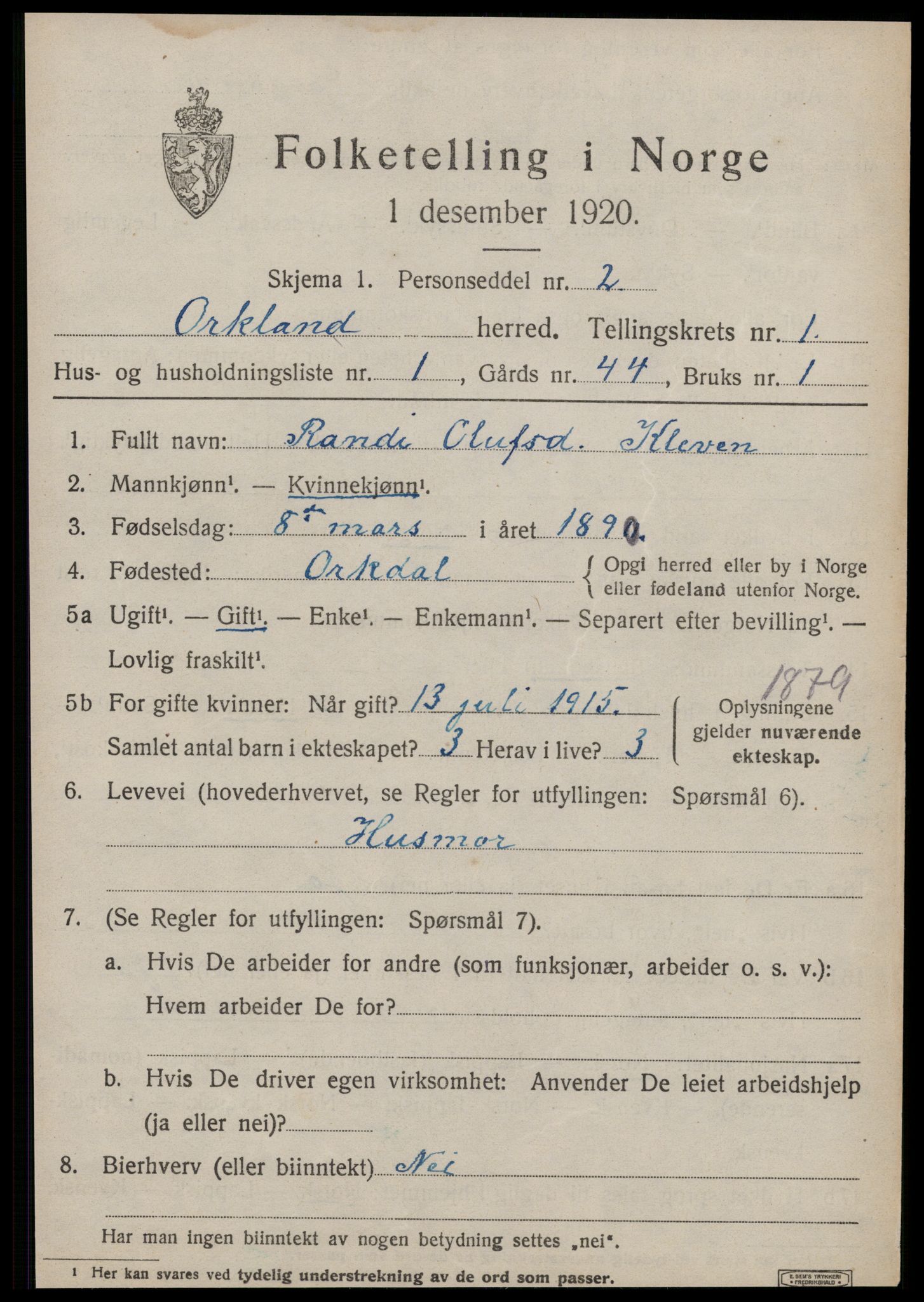 SAT, 1920 census for Orkland, 1920, p. 748