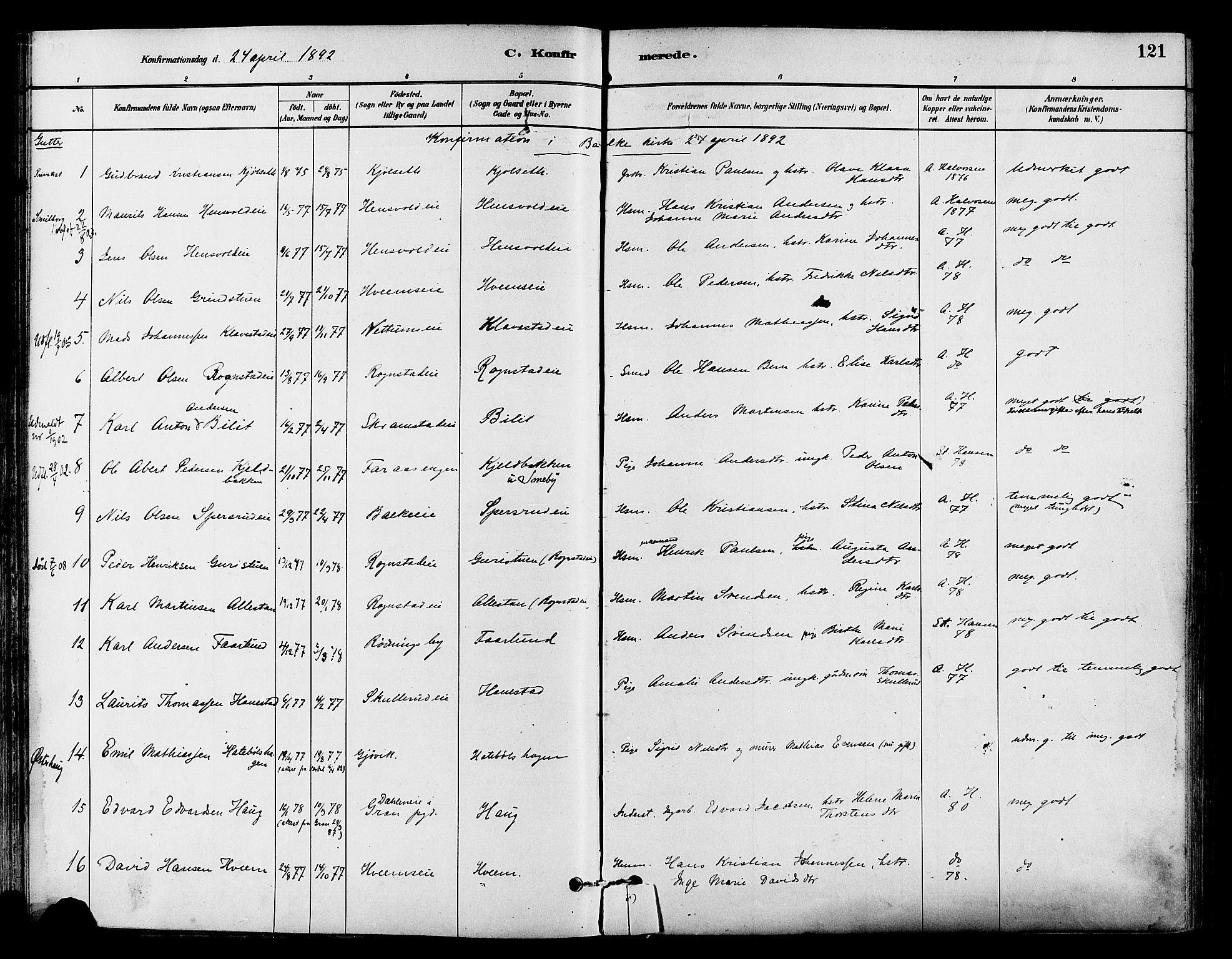 Østre Toten prestekontor, SAH/PREST-104/H/Ha/Haa/L0007: Parish register (official) no. 7, 1881-1896, p. 121
