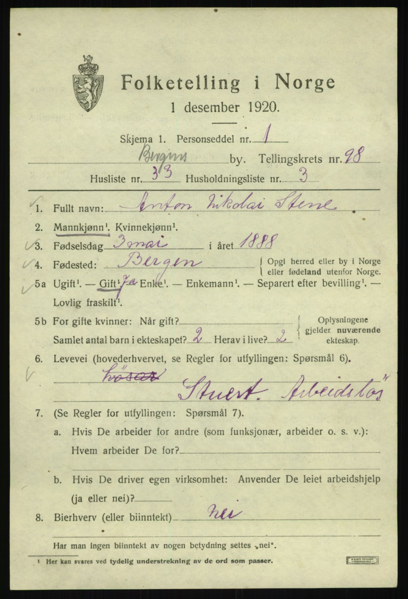 SAB, 1920 census for Bergen, 1920, p. 173849