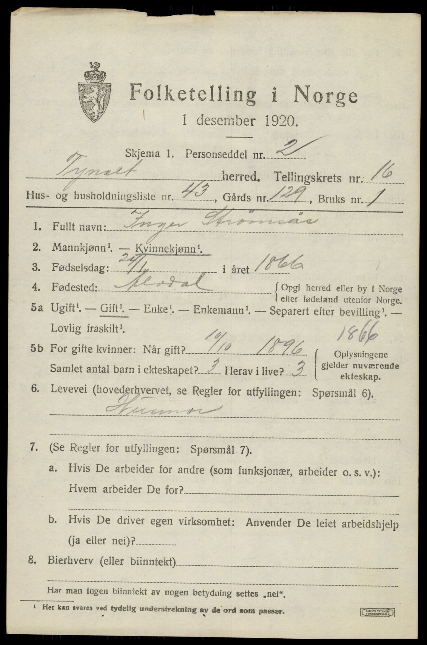 SAH, 1920 census for Tynset, 1920, p. 10154