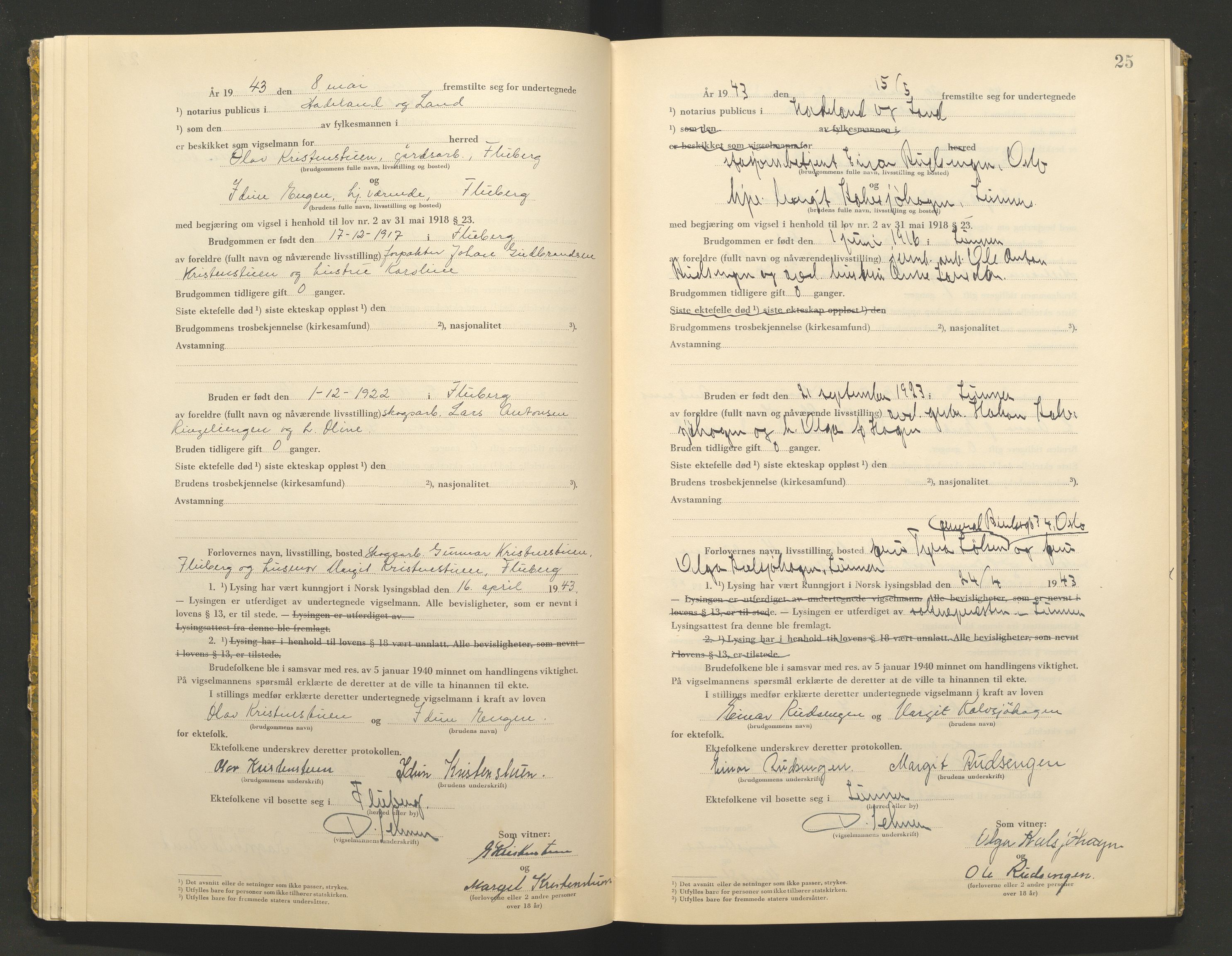 Hadeland og Land tingrett, AV/SAH-TING-010/L/Lb/L0002: Vigselbok, 1943-1944, p. 25