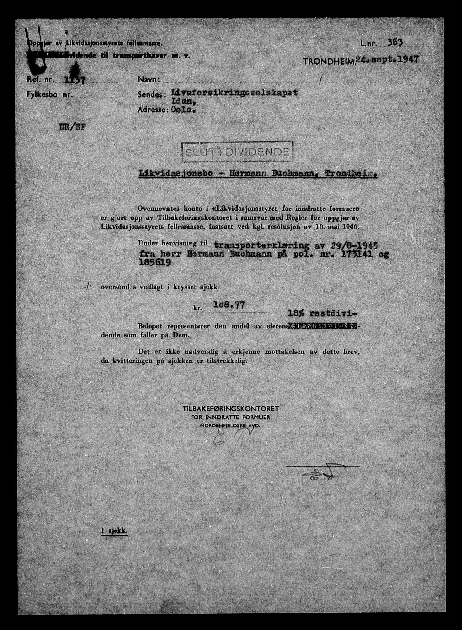 Justisdepartementet, Tilbakeføringskontoret for inndratte formuer, AV/RA-S-1564/H/Hc/Hca/L0894: --, 1945-1947, p. 114