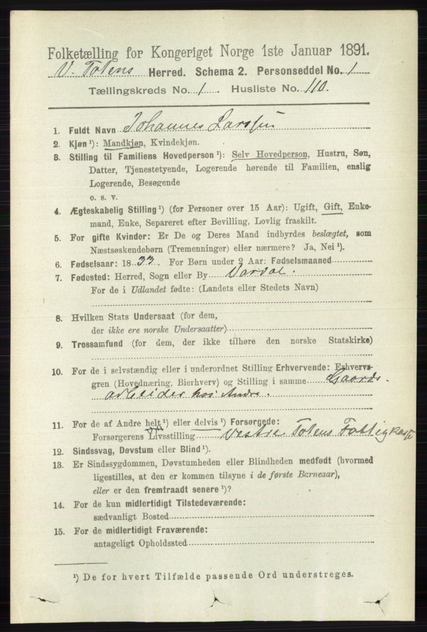 RA, 1891 census for 0529 Vestre Toten, 1891, p. 1085