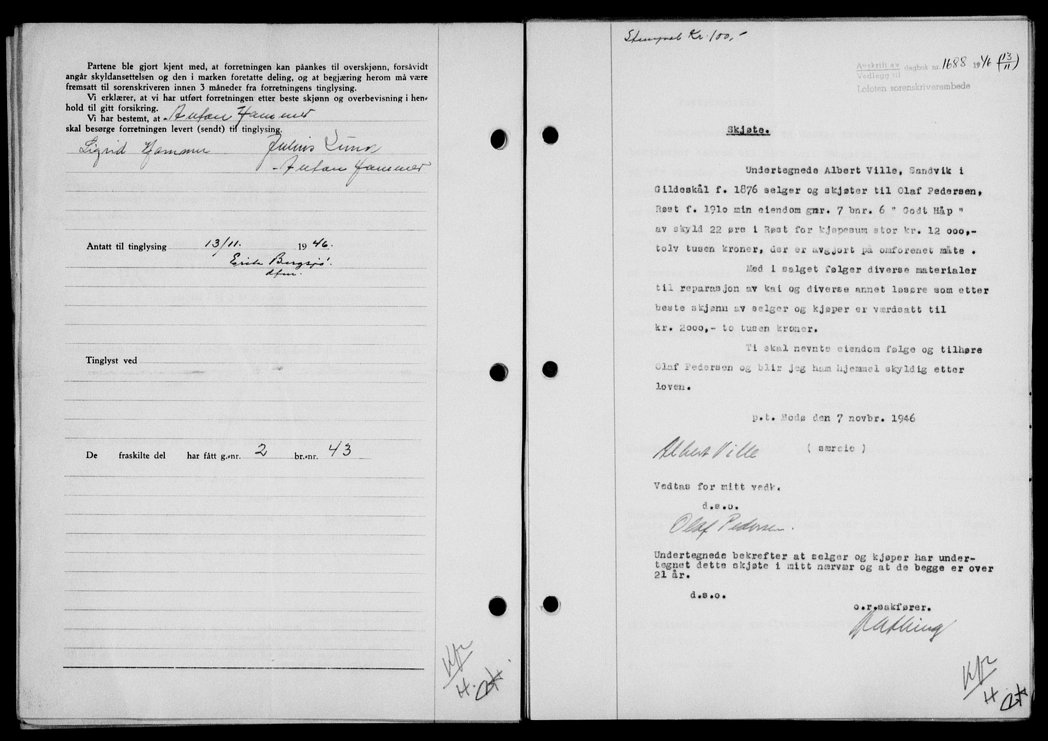 Lofoten sorenskriveri, SAT/A-0017/1/2/2C/L0015a: Mortgage book no. 15a, 1946-1947, Diary no: : 1688/1946