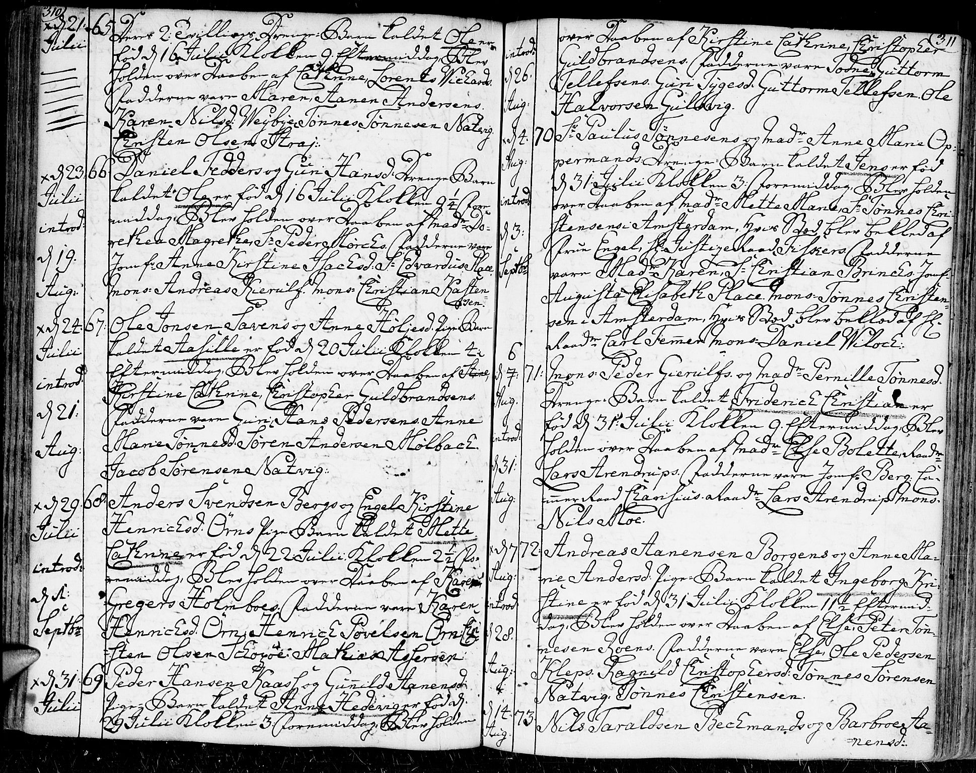 Kristiansand domprosti, AV/SAK-1112-0006/F/Fa/L0002: Parish register (official) no. A 2, 1755-1778, p. 310-311