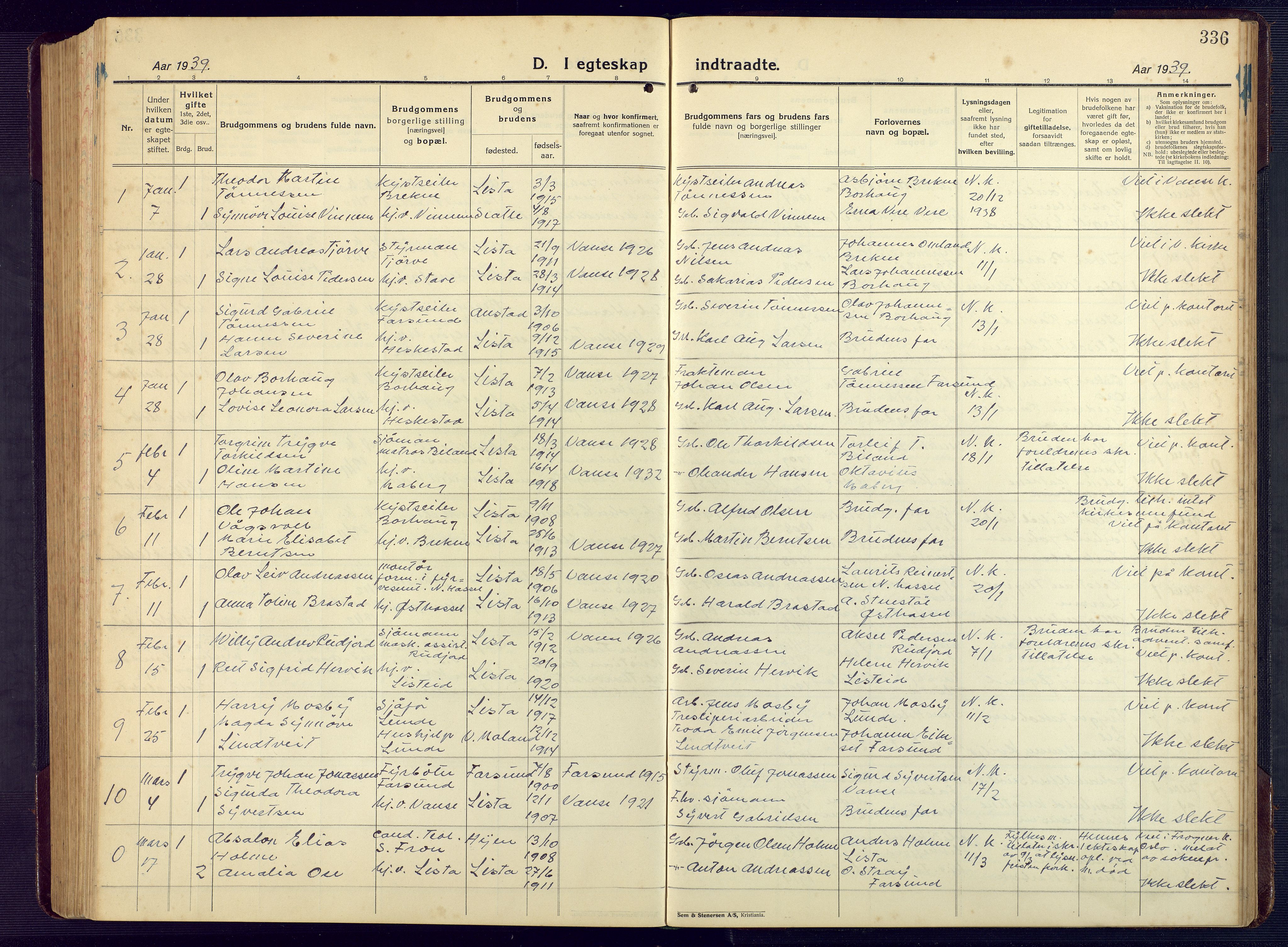 Lista sokneprestkontor, AV/SAK-1111-0027/F/Fb/L0006: Parish register (copy) no. B 6, 1924-1947, p. 336