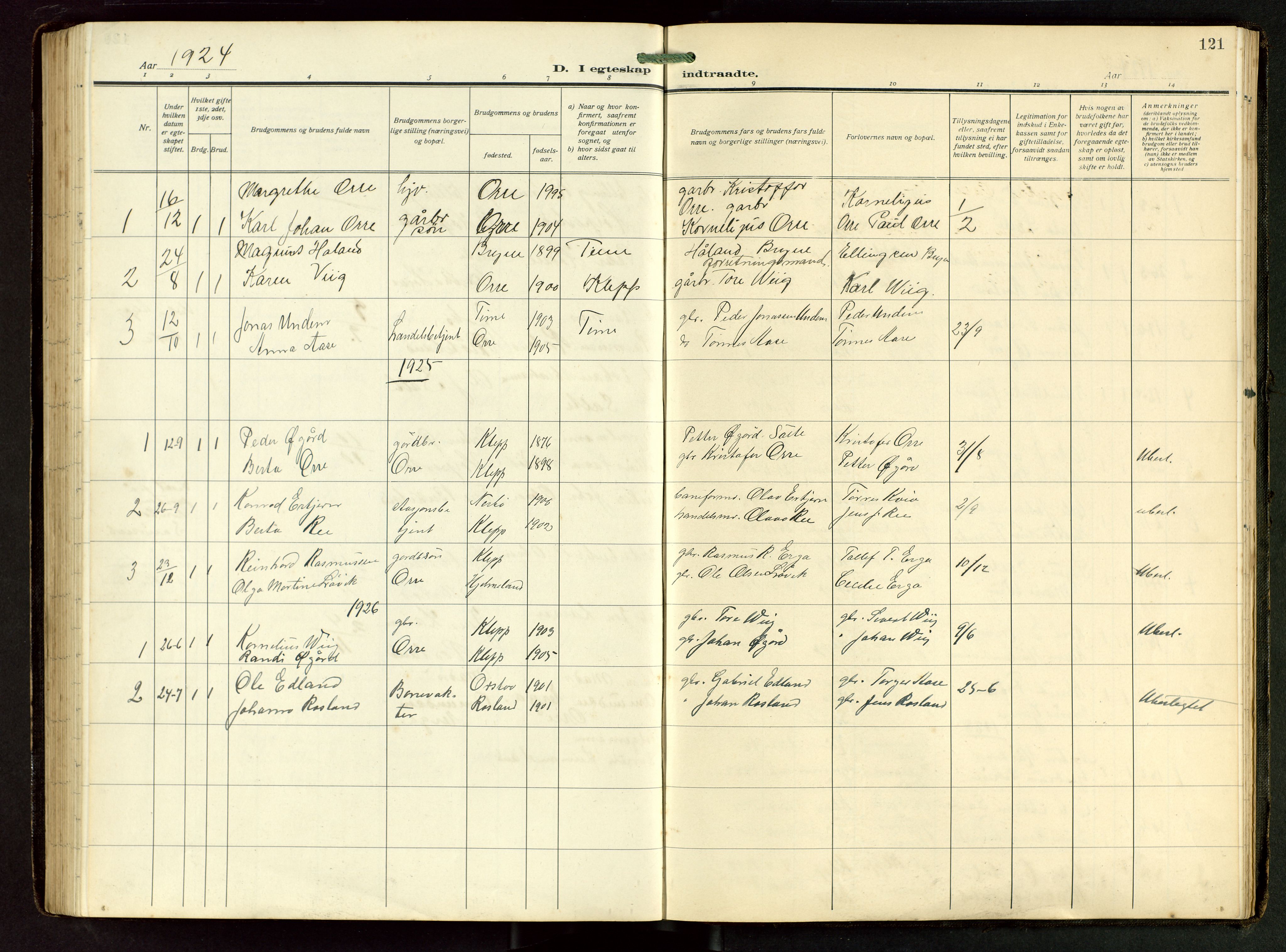 Klepp sokneprestkontor, SAST/A-101803/001/3/30BB/L0008: Parish register (copy) no. B 8, 1918-1949, p. 121