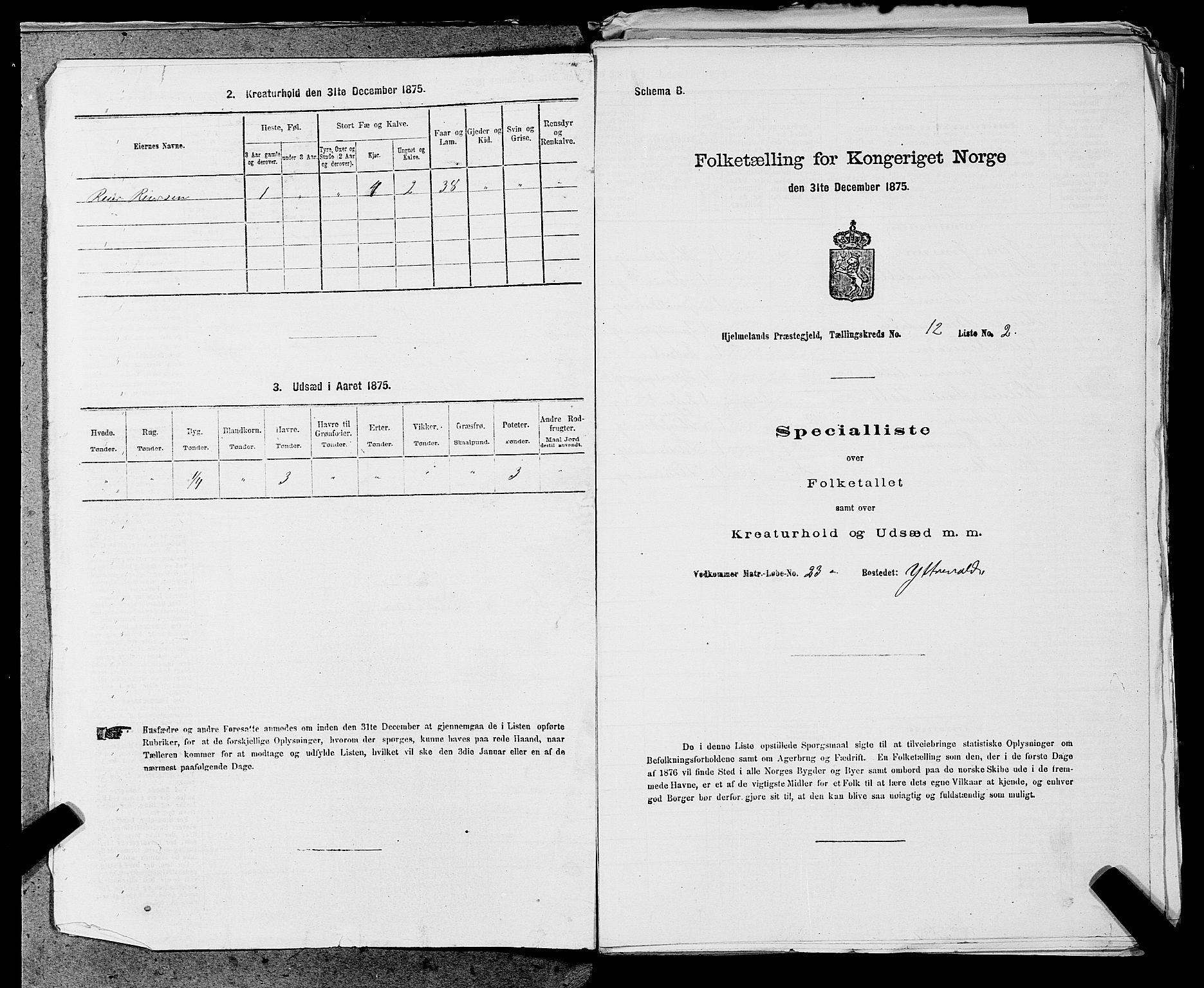 SAST, 1875 census for 1133P Hjelmeland, 1875, p. 1384