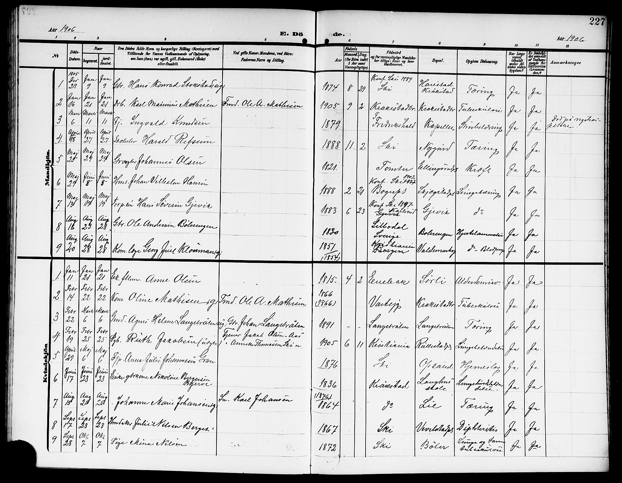 Kråkstad prestekontor Kirkebøker, AV/SAO-A-10125a/G/Gb/L0001: Parish register (copy) no. II 1, 1905-1920, p. 227