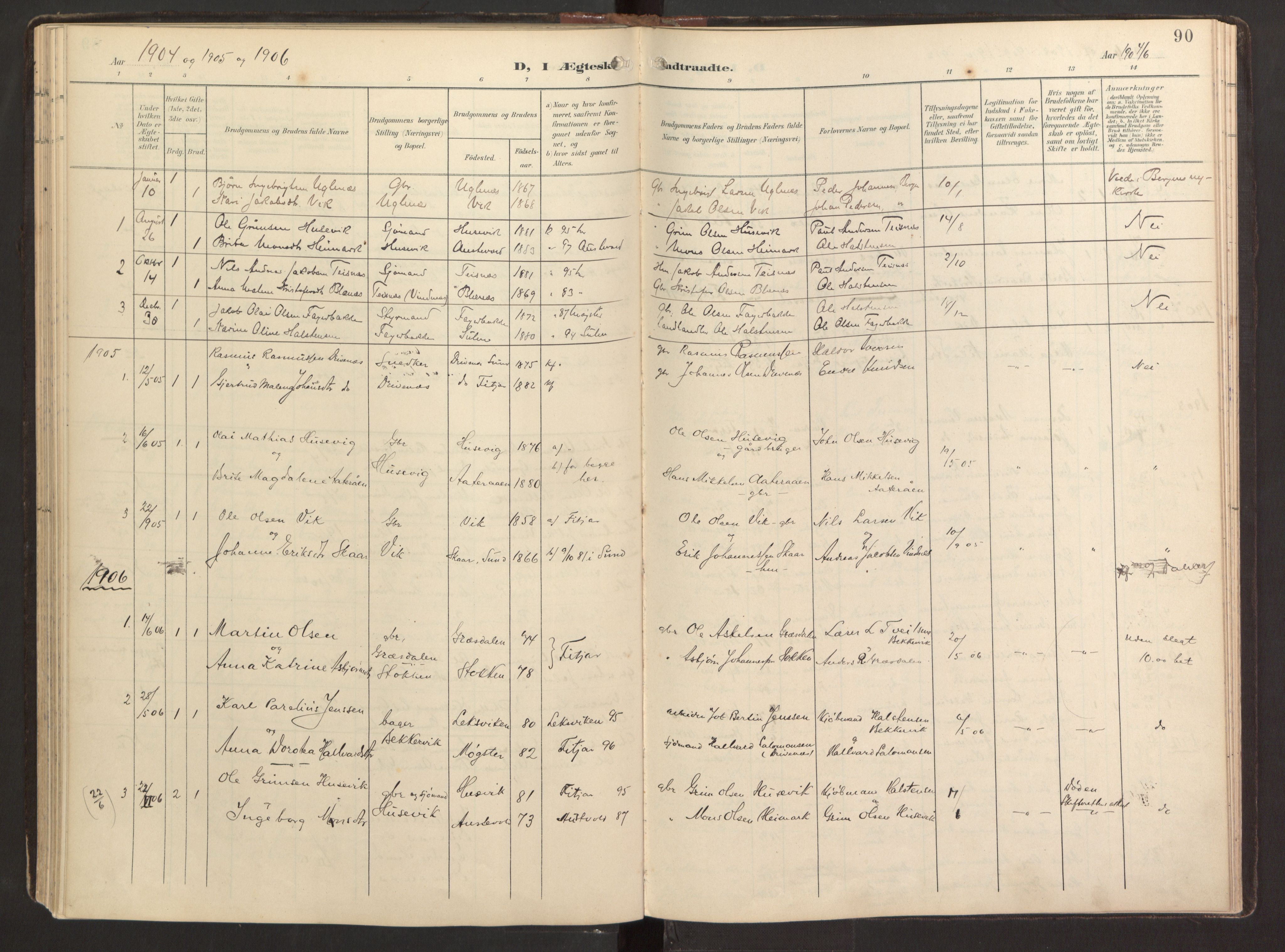 Fitjar sokneprestembete, SAB/A-99926: Parish register (official) no. B 1, 1900-1926, p. 90
