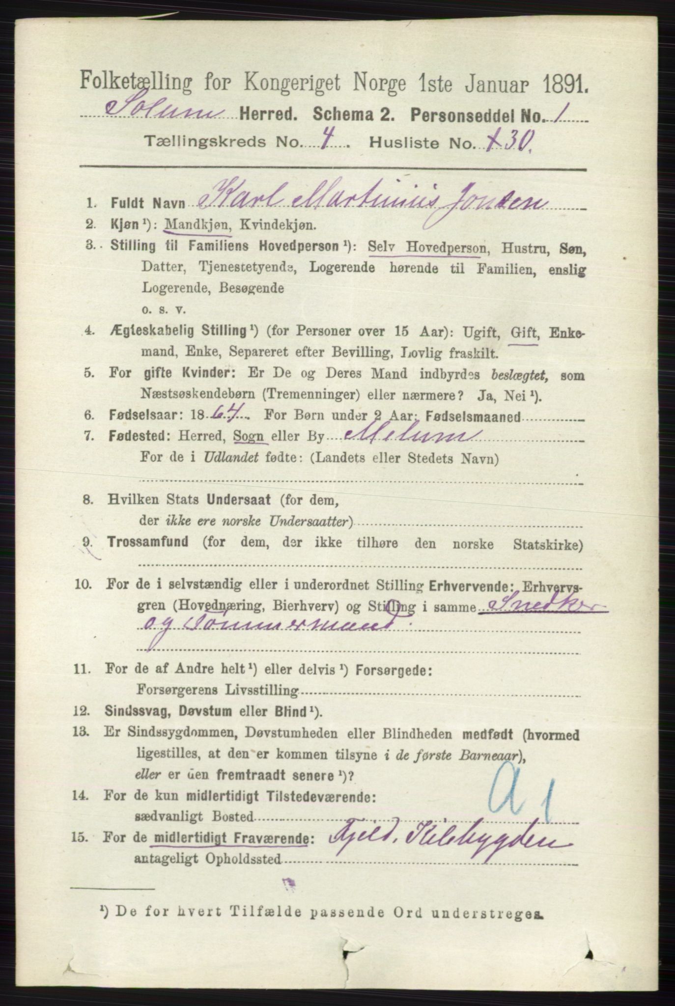 RA, 1891 census for 0818 Solum, 1891, p. 795