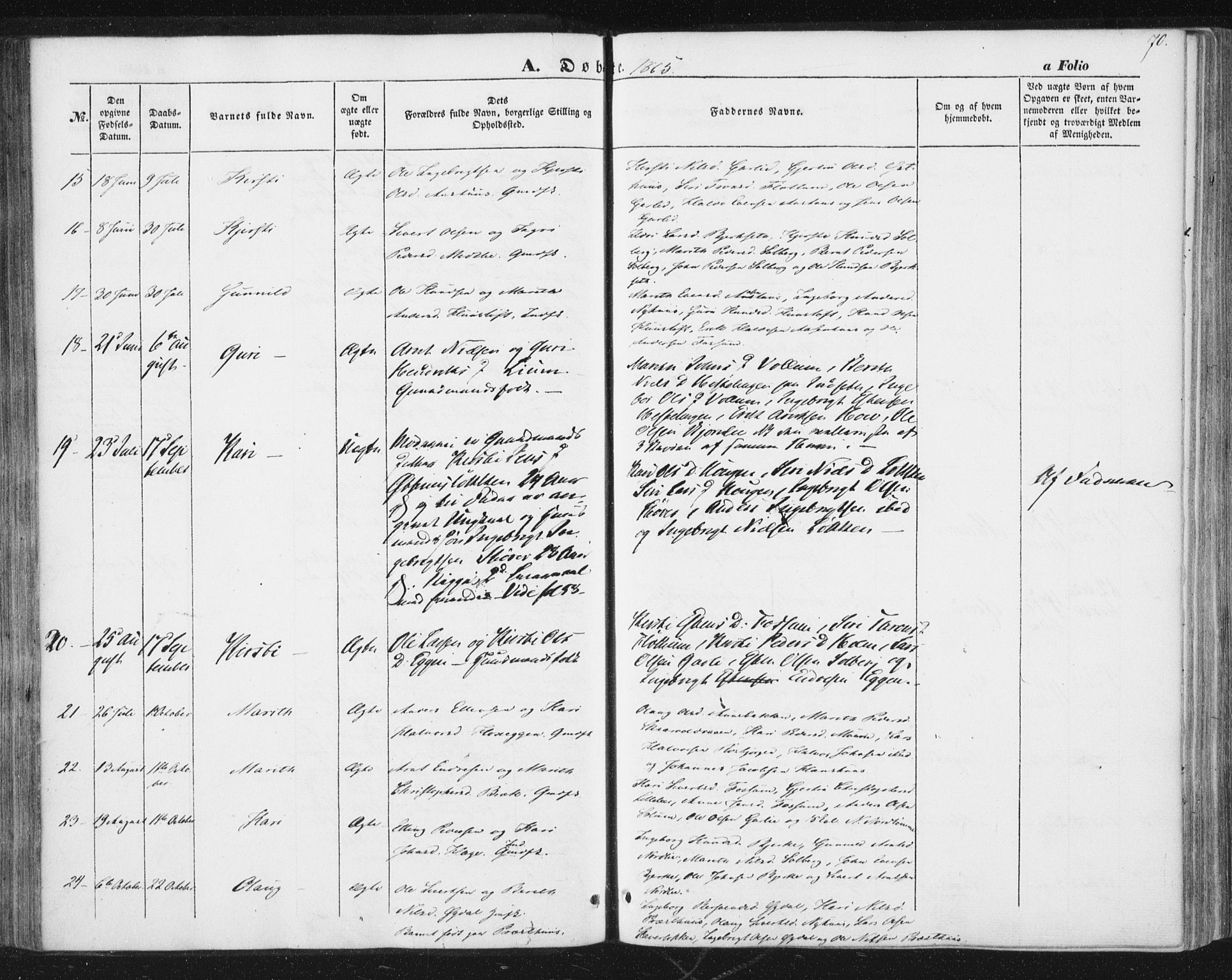 Ministerialprotokoller, klokkerbøker og fødselsregistre - Sør-Trøndelag, SAT/A-1456/689/L1038: Parish register (official) no. 689A03, 1848-1872, p. 70