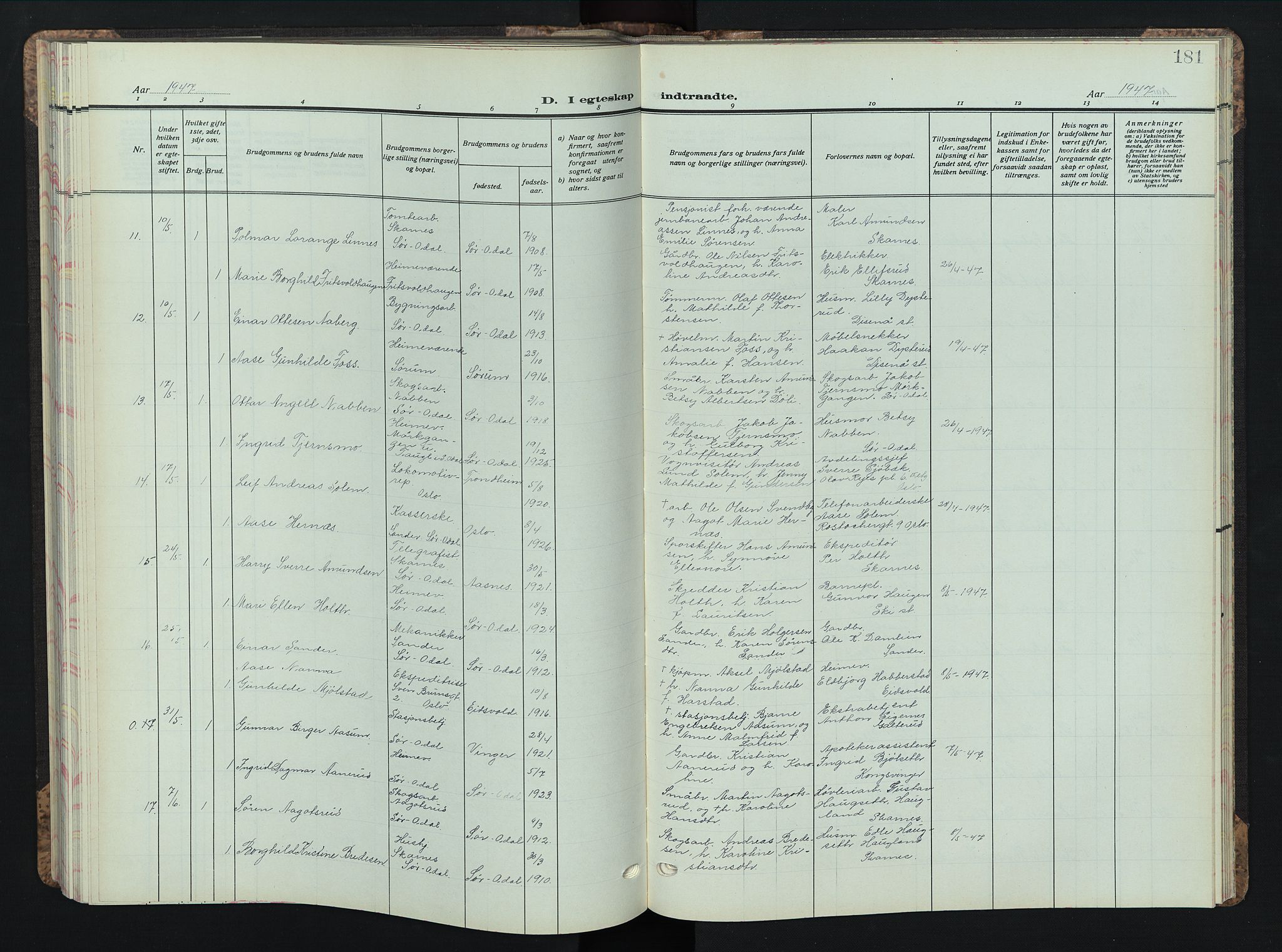 Sør-Odal prestekontor, AV/SAH-PREST-030/H/Ha/Hab/L0013: Parish register (copy) no. 13, 1933-1951, p. 181