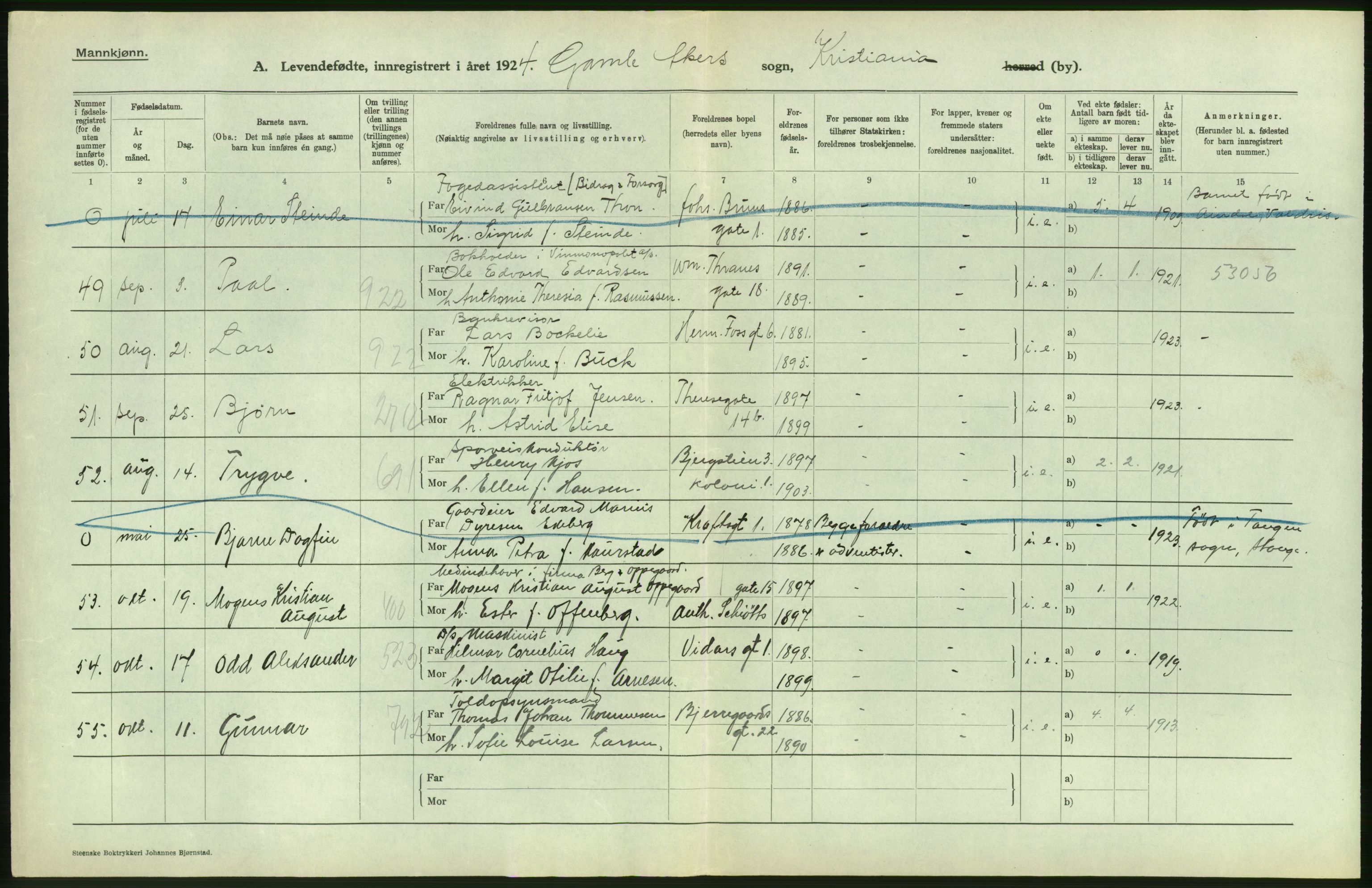 Statistisk sentralbyrå, Sosiodemografiske emner, Befolkning, AV/RA-S-2228/D/Df/Dfc/Dfcd/L0005: Kristiania: Levendefødte menn., 1924, p. 22