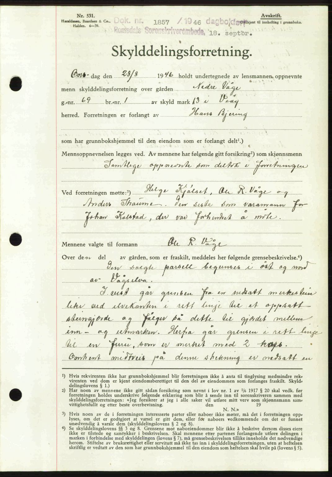 Romsdal sorenskriveri, AV/SAT-A-4149/1/2/2C: Mortgage book no. A20, 1946-1946, Diary no: : 1857/1946