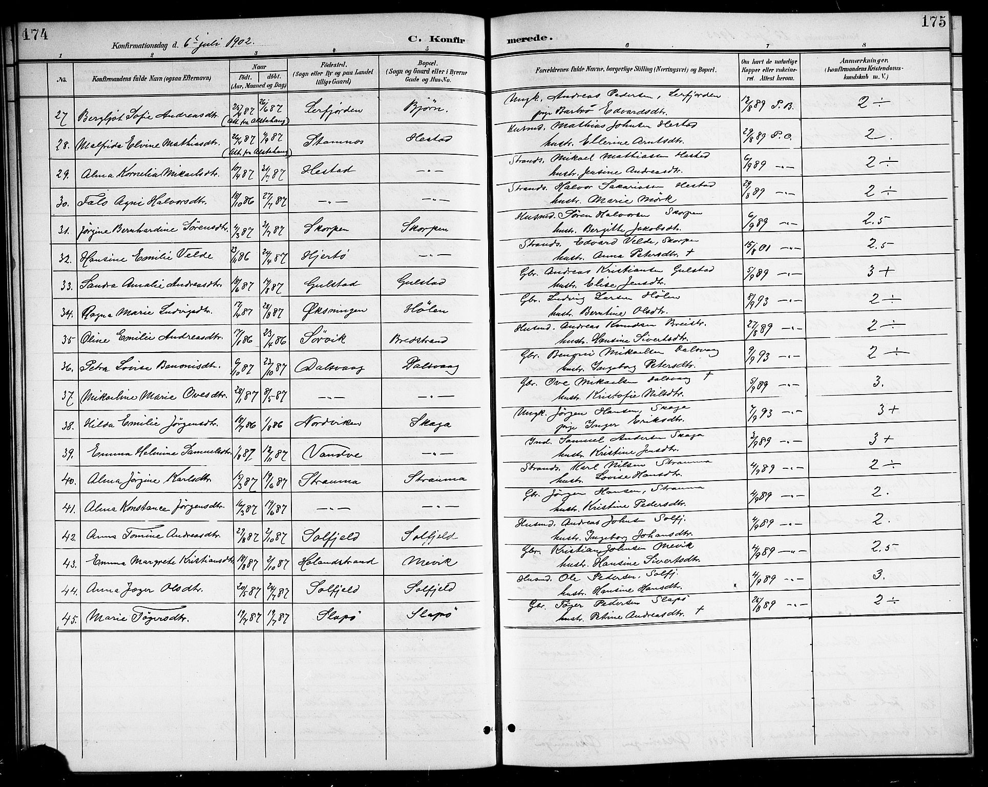 Ministerialprotokoller, klokkerbøker og fødselsregistre - Nordland, AV/SAT-A-1459/834/L0516: Parish register (copy) no. 834C06, 1902-1918, p. 174-175