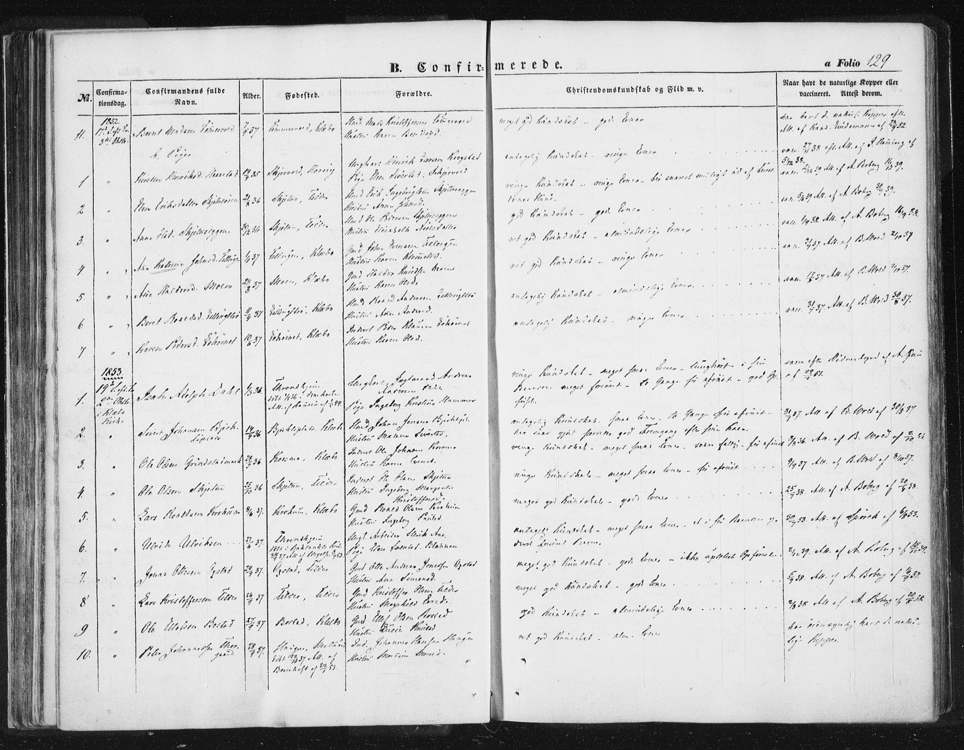 Ministerialprotokoller, klokkerbøker og fødselsregistre - Sør-Trøndelag, SAT/A-1456/618/L0441: Parish register (official) no. 618A05, 1843-1862, p. 129