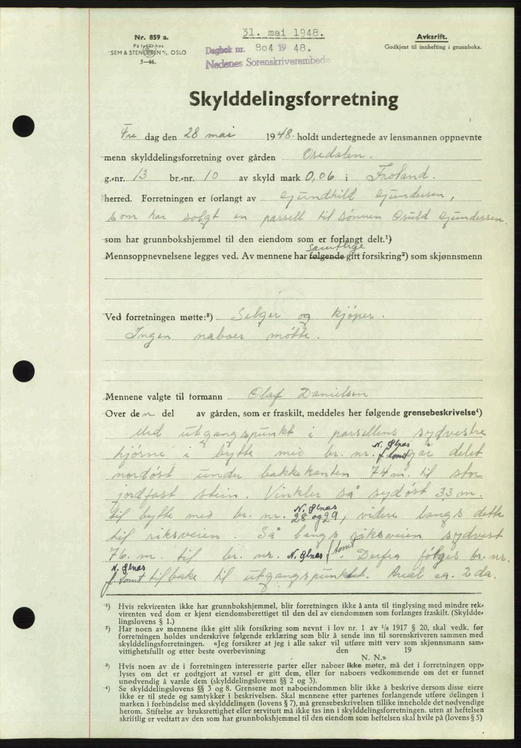 Nedenes sorenskriveri, SAK/1221-0006/G/Gb/Gba/L0059: Mortgage book no. A11, 1948-1948, Diary no: : 804/1948