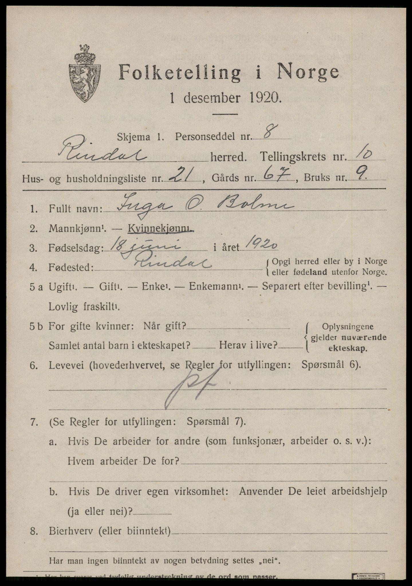 SAT, 1920 census for Rindal, 1920, p. 5400