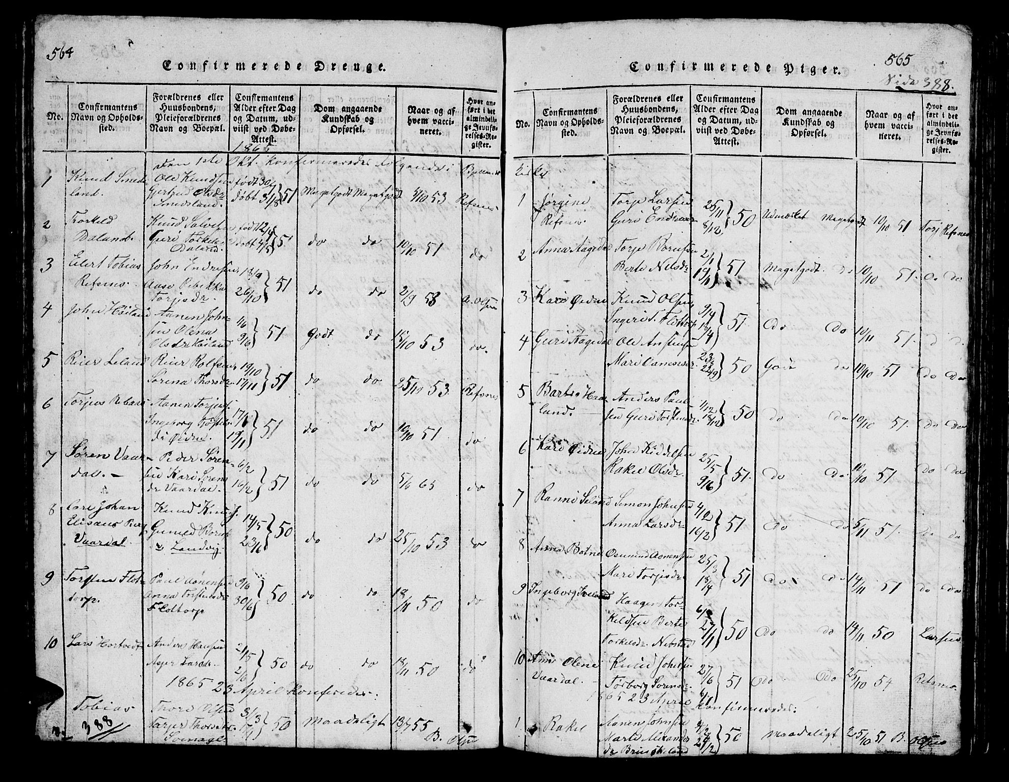 Bjelland sokneprestkontor, SAK/1111-0005/F/Fb/Fbc/L0001: Parish register (copy) no. B 1, 1815-1870, p. 564-565