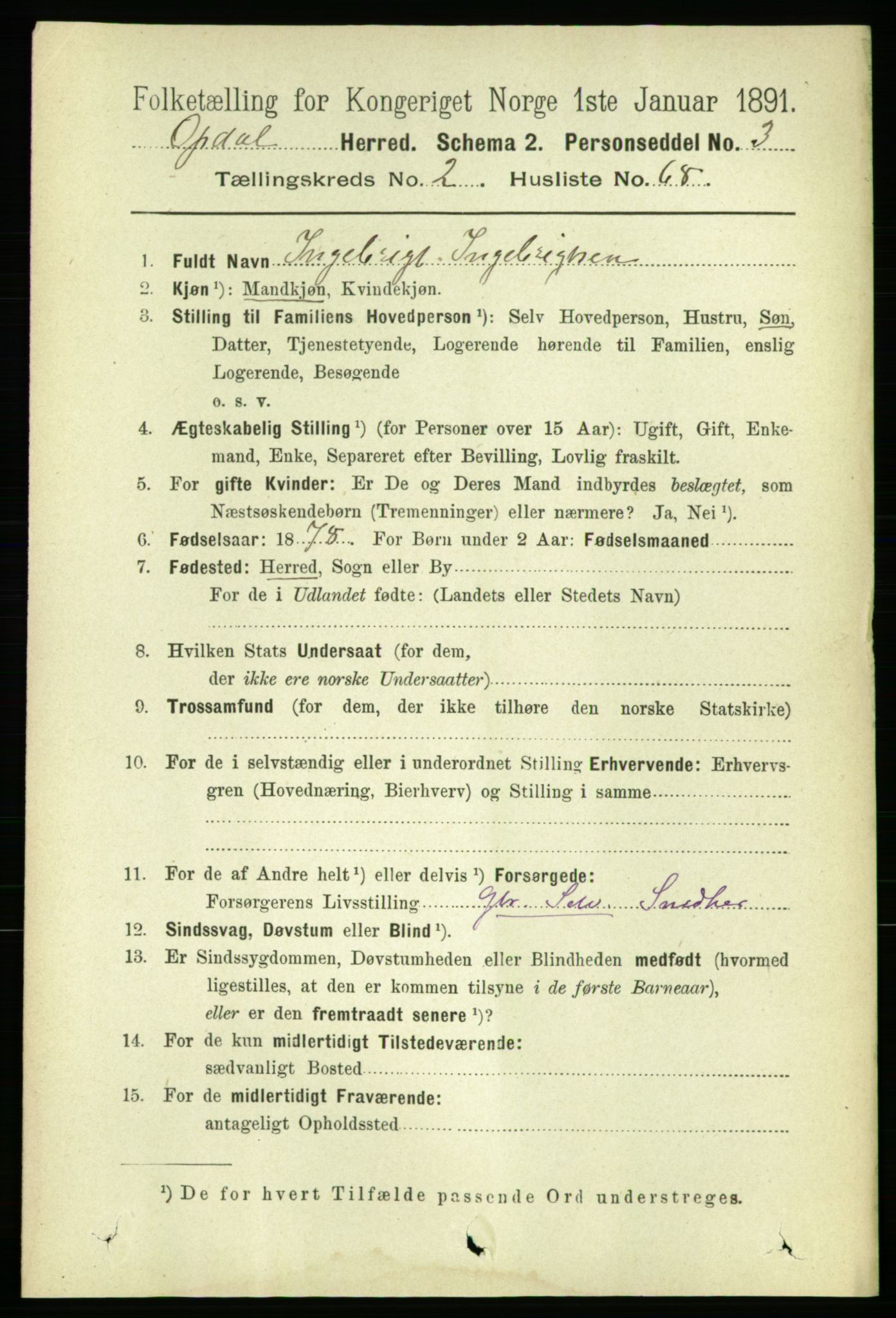 RA, 1891 census for 1634 Oppdal, 1891, p. 1140