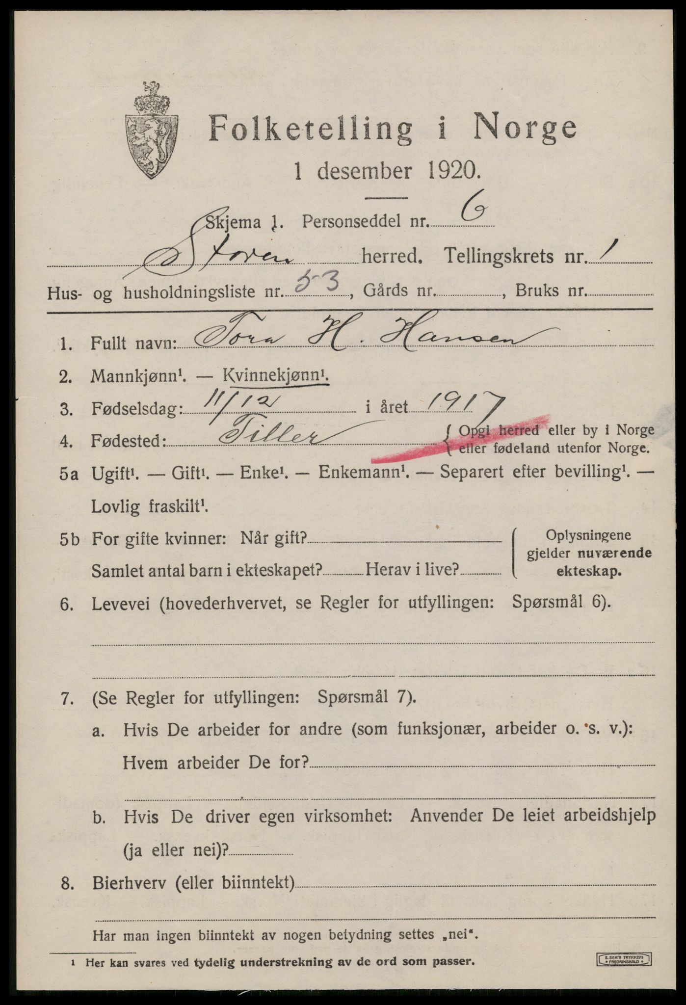 SAT, 1920 census for Støren, 1920, p. 1426