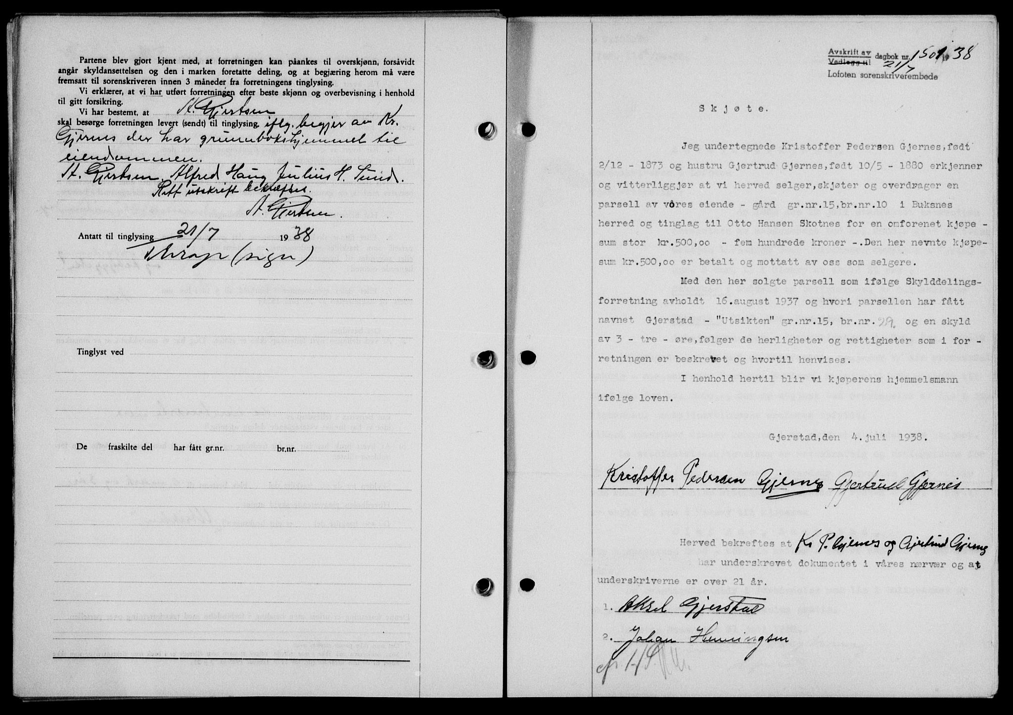 Lofoten sorenskriveri, SAT/A-0017/1/2/2C/L0004a: Mortgage book no. 4a, 1938-1938, Diary no: : 1501/1938