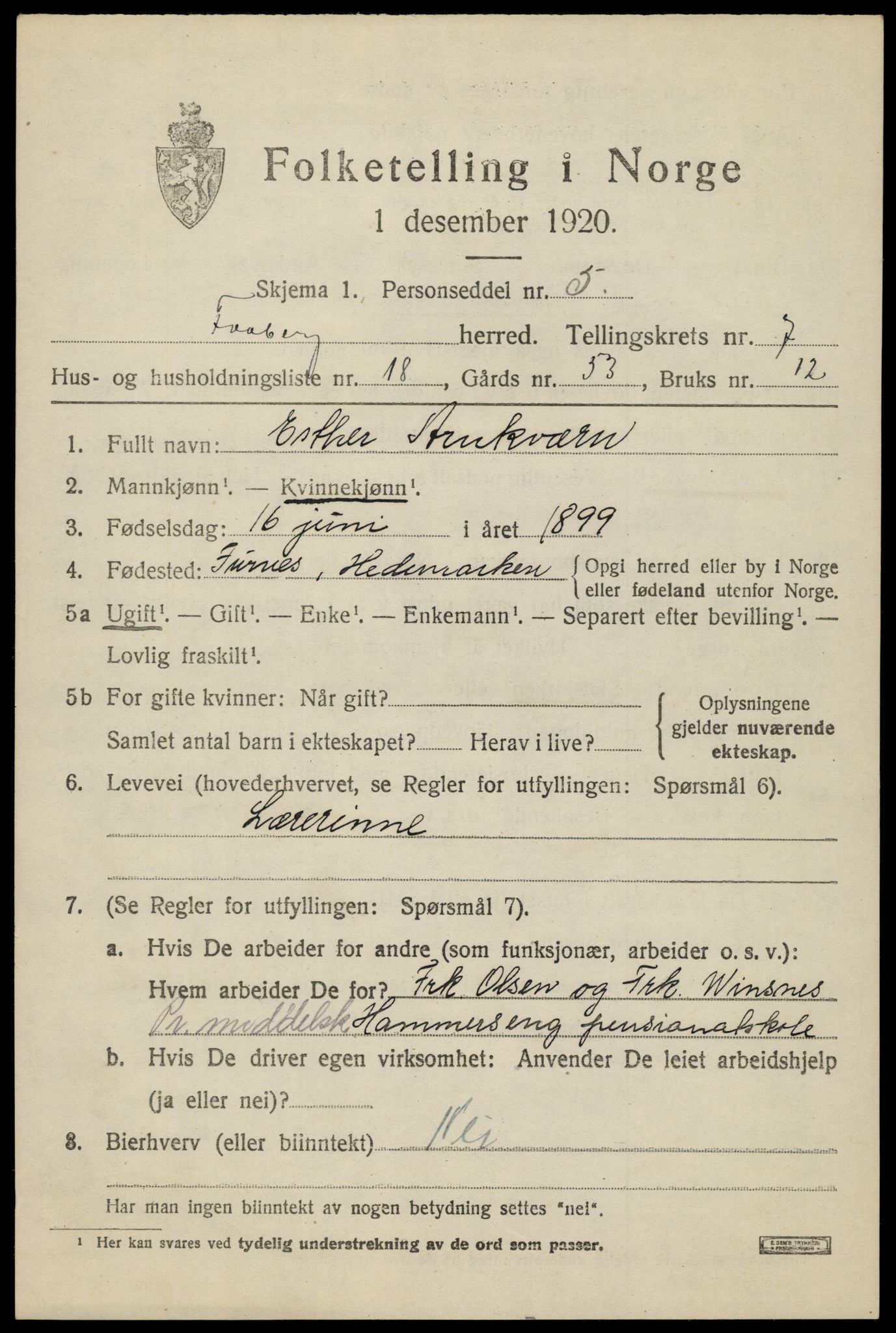 SAH, 1920 census for Fåberg, 1920, p. 8078
