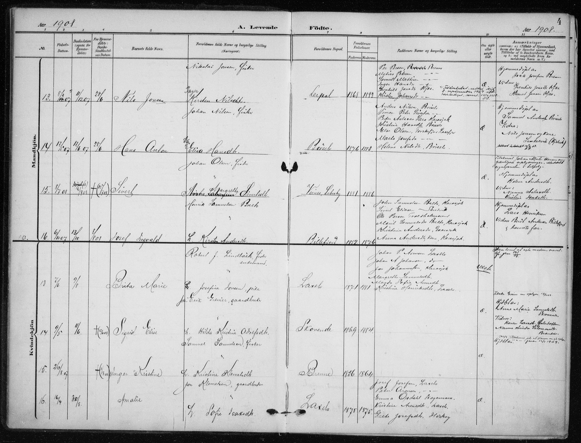 Kistrand/Porsanger sokneprestembete, SATØ/S-1351/H/Ha/L0014.kirke: Parish register (official) no. 14, 1908-1917, p. 4