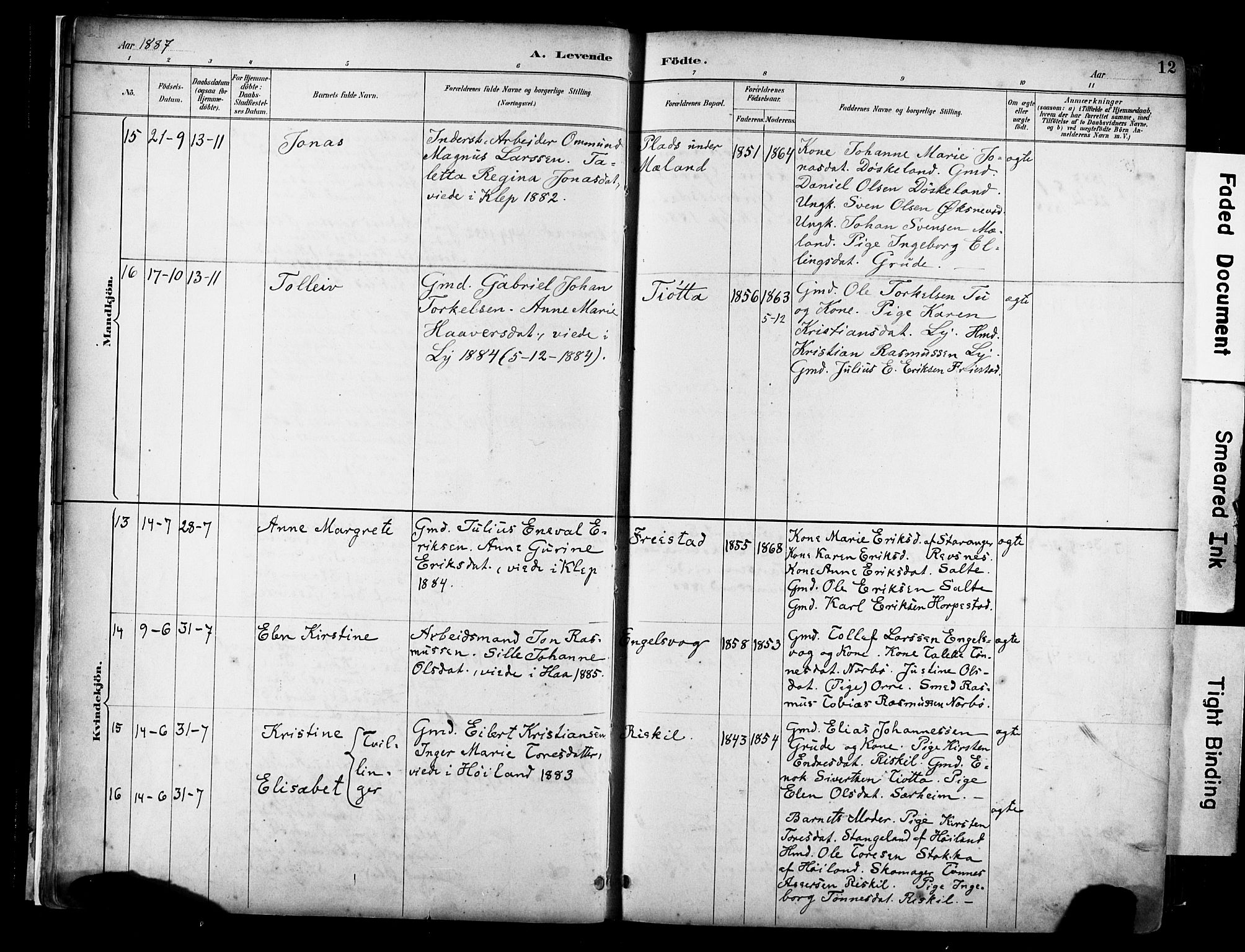 Klepp sokneprestkontor, AV/SAST-A-101803/001/3/30BA/L0009: Parish register (official) no. A 7, 1886-1915, p. 12