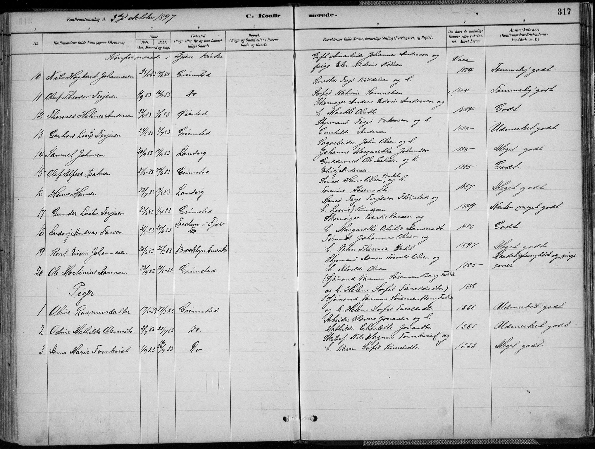 Grimstad sokneprestkontor, AV/SAK-1111-0017/F/Fa/L0003: Parish register (official) no. A 2, 1882-1912, p. 317