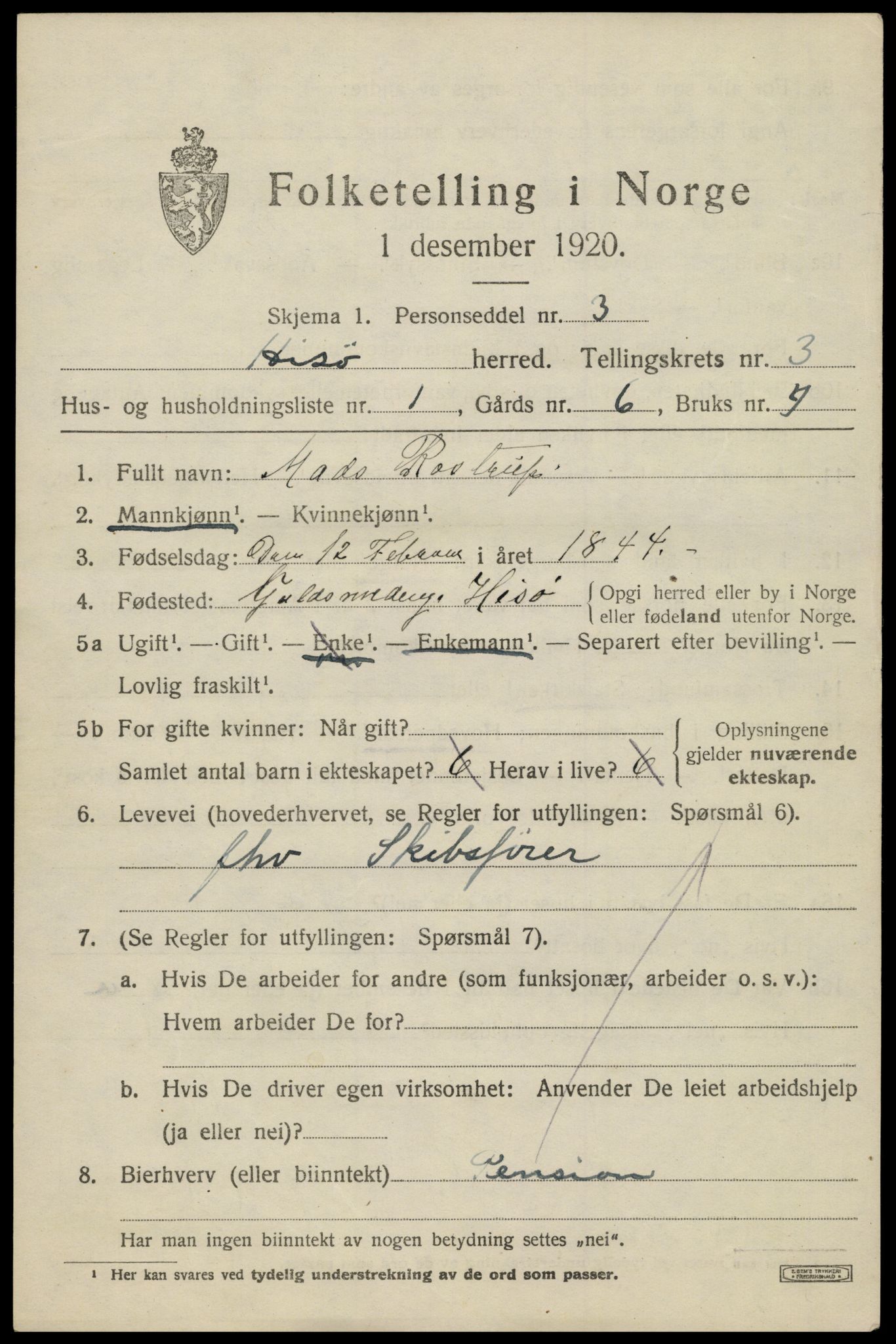 SAK, 1920 census for Hisøy, 1920, p. 3976