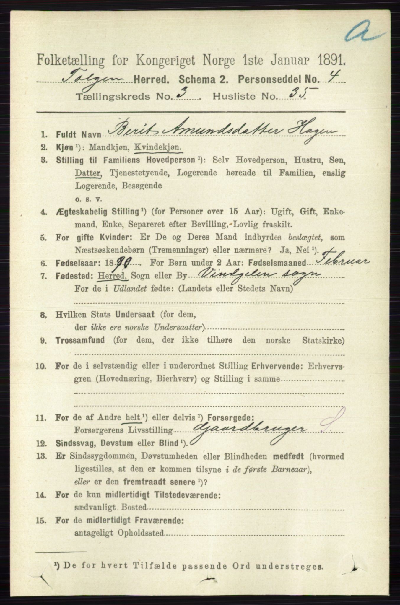 RA, 1891 census for 0436 Tolga, 1891, p. 808