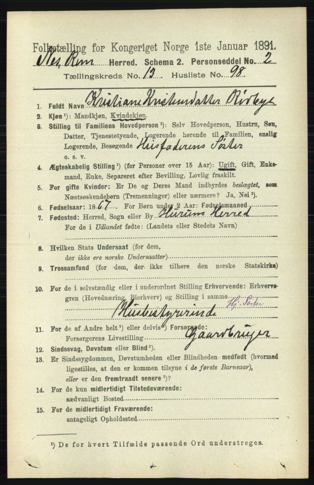 RA, 1891 census for 0236 Nes, 1891, p. 8398