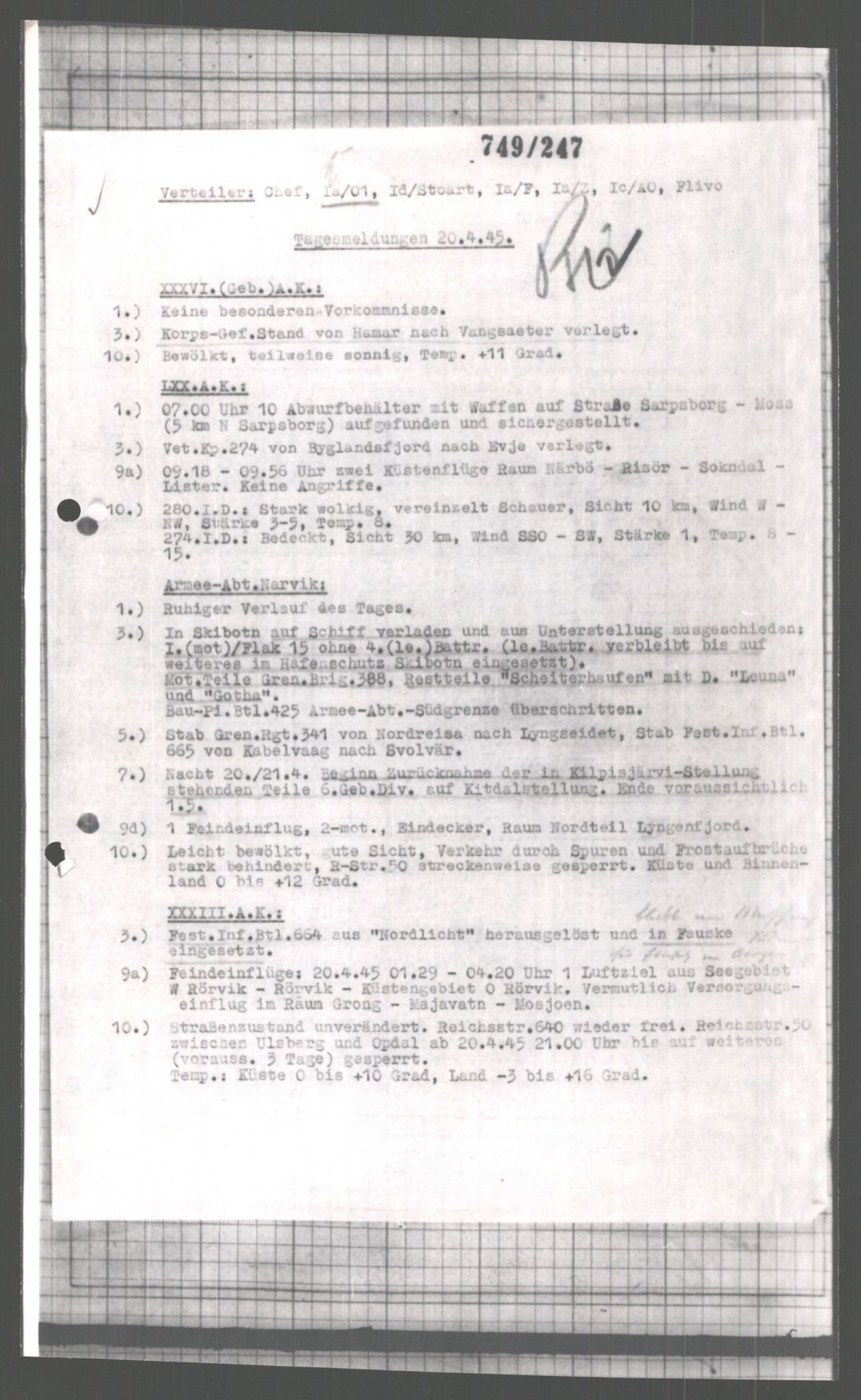 Forsvarets Overkommando. 2 kontor. Arkiv 11.4. Spredte tyske arkivsaker, AV/RA-RAFA-7031/D/Dar/Dara/L0004: Krigsdagbøker for 20. Gebirgs-Armee-Oberkommando (AOK 20), 1945, p. 663