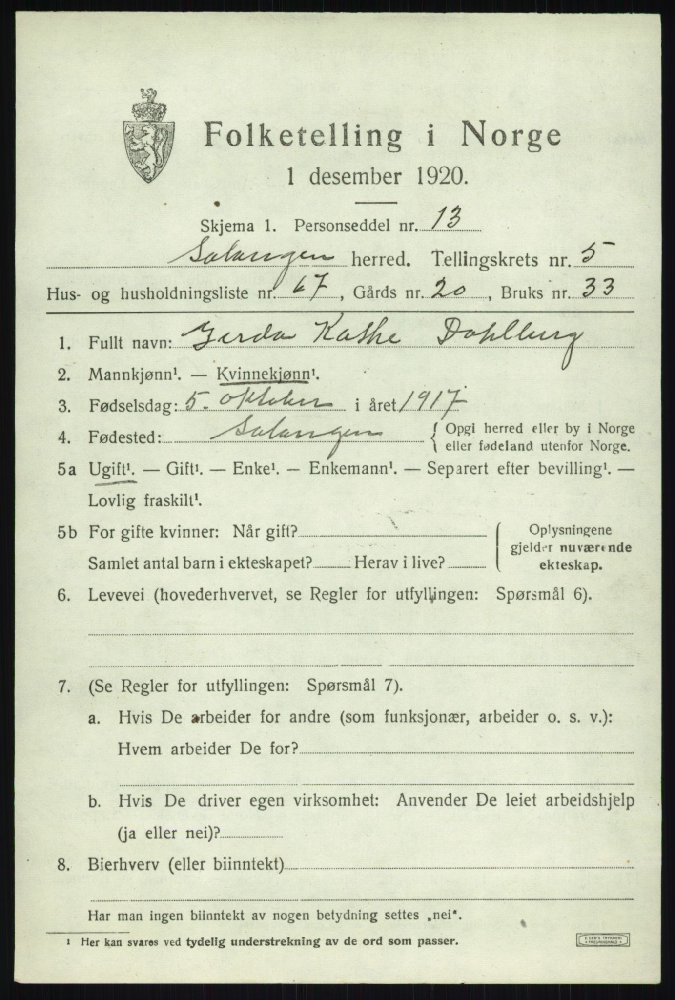 SATØ, 1920 census for Salangen, 1920, p. 4204