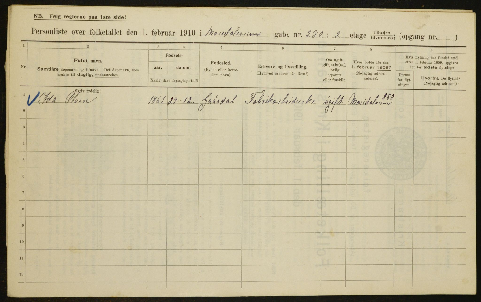 OBA, Municipal Census 1910 for Kristiania, 1910, p. 60725