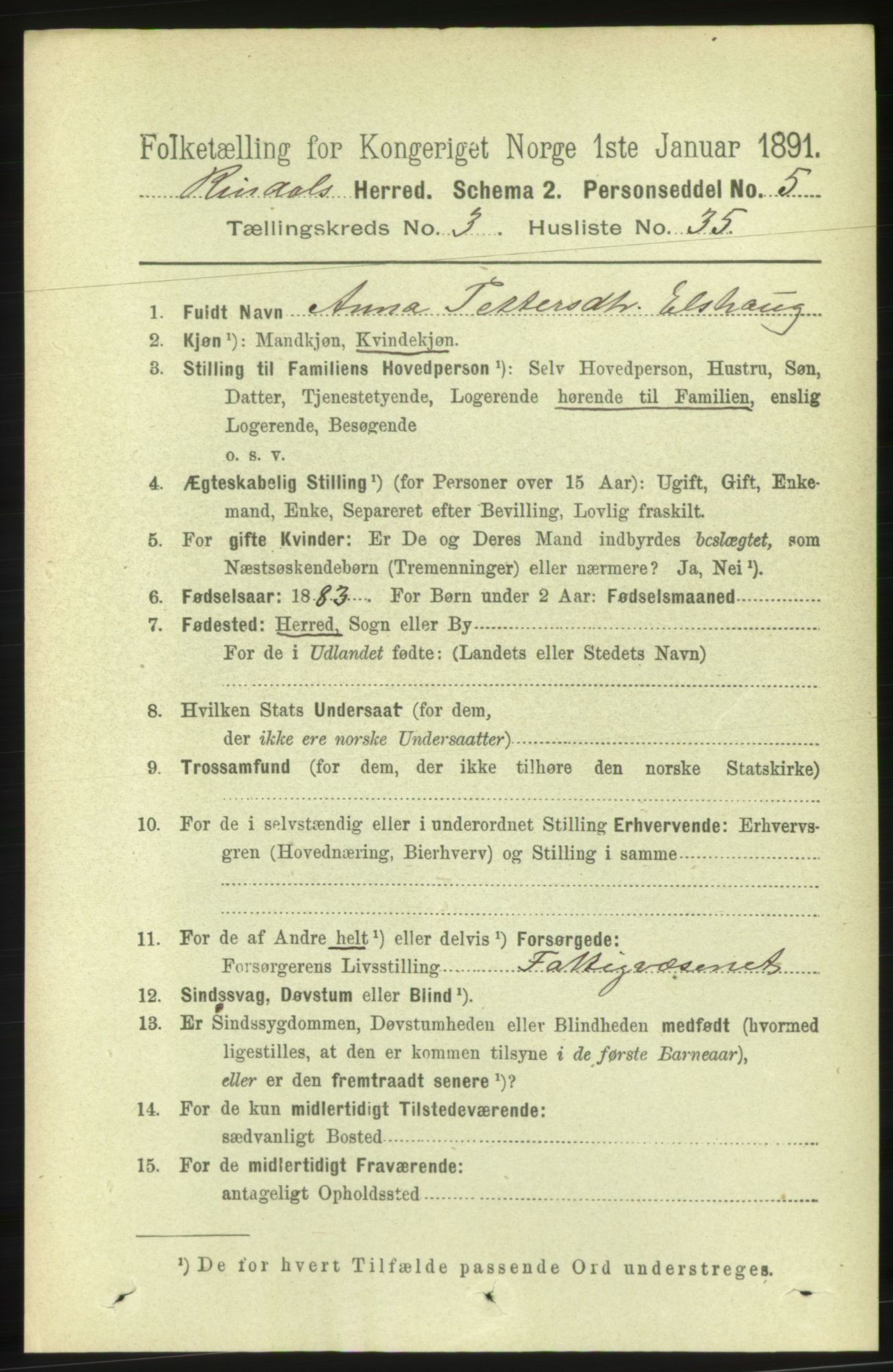 RA, 1891 census for 1567 Rindal, 1891, p. 922