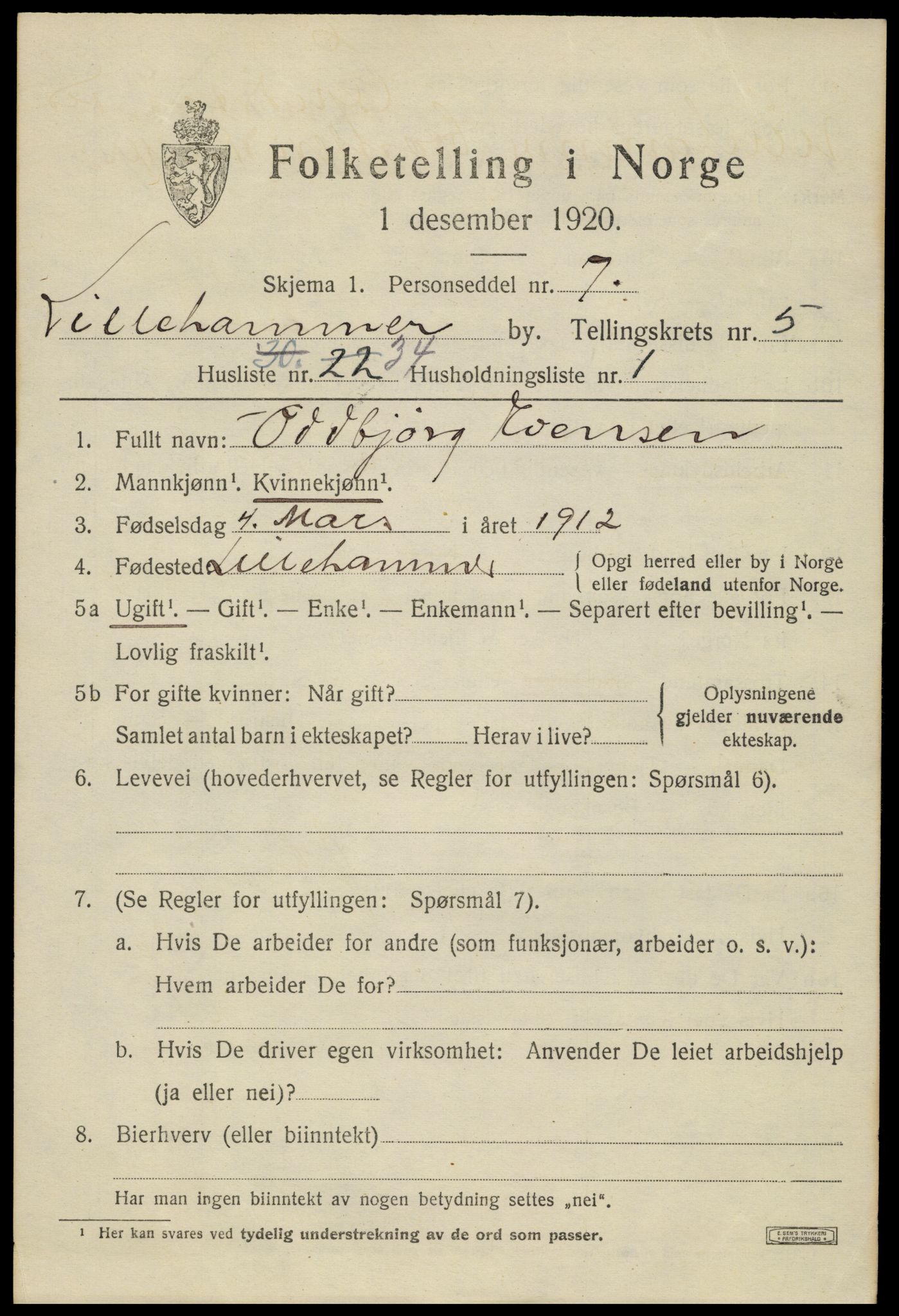 SAH, 1920 census for Lillehammer, 1920, p. 8216