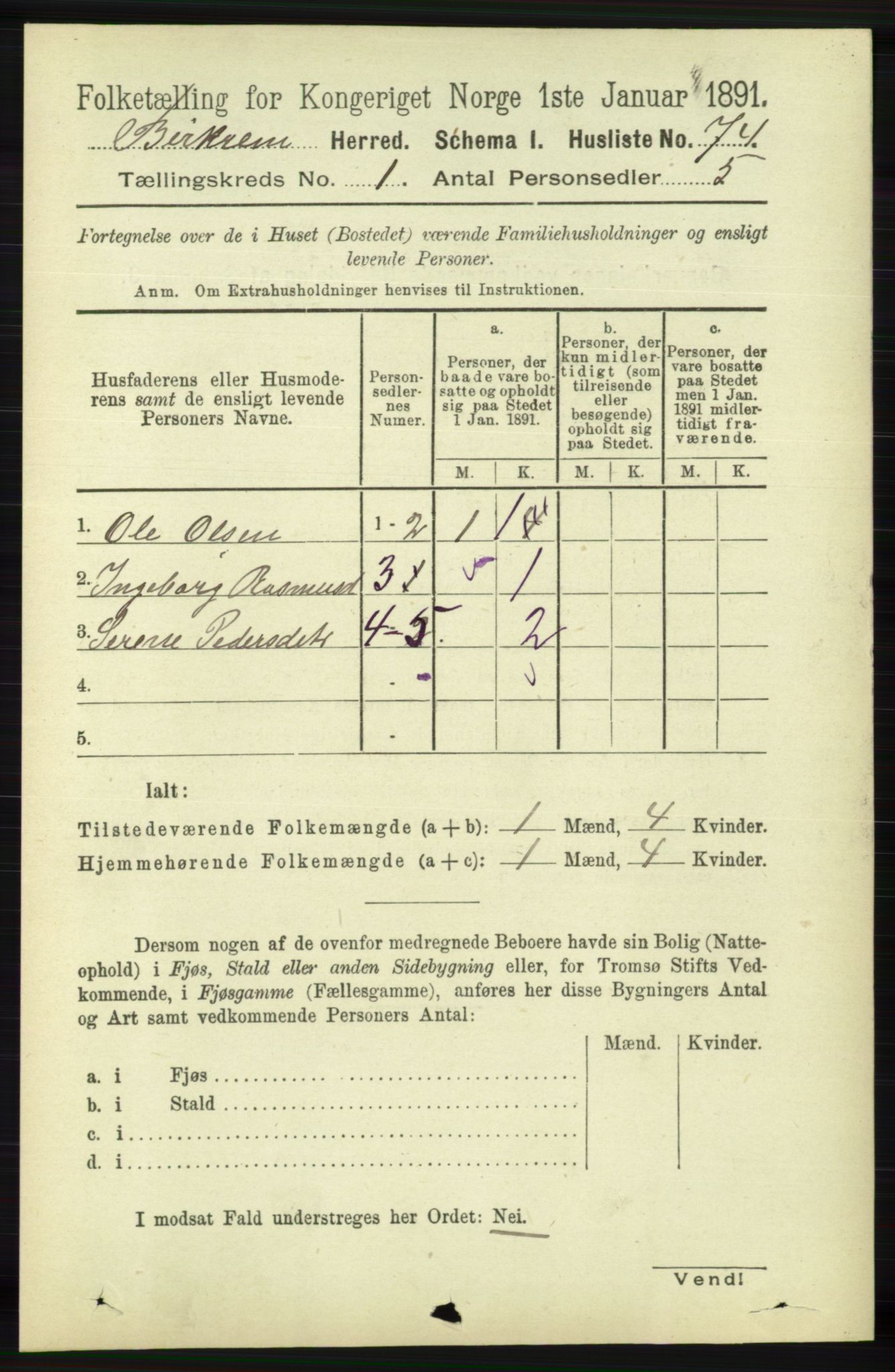 RA, 1891 census for 1114 Bjerkreim, 1891, p. 91