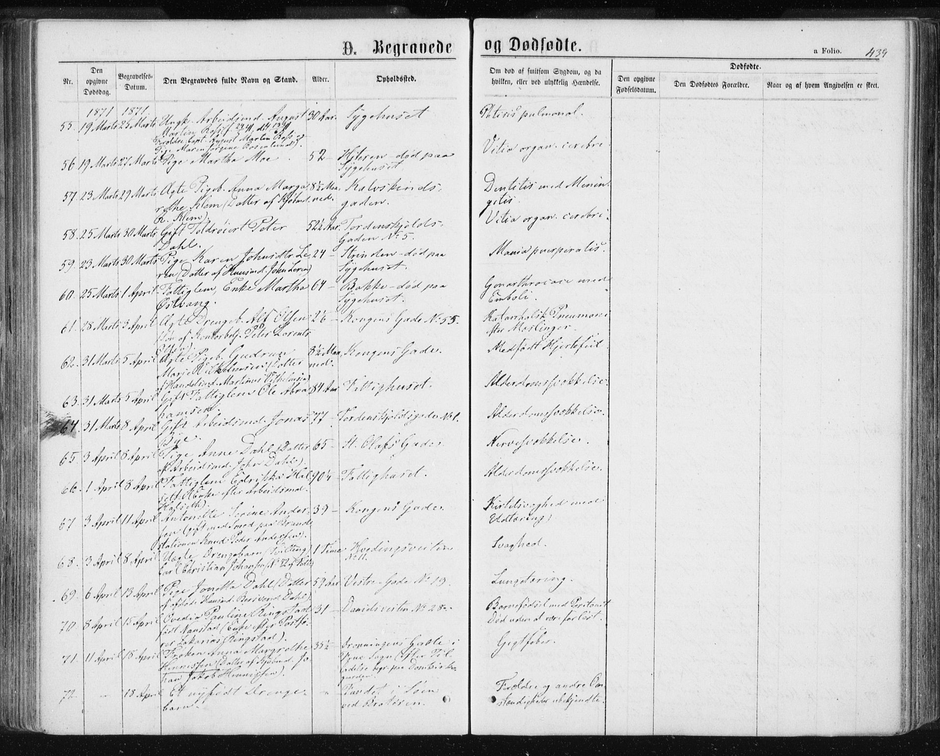 Ministerialprotokoller, klokkerbøker og fødselsregistre - Sør-Trøndelag, AV/SAT-A-1456/601/L0055: Parish register (official) no. 601A23, 1866-1877, p. 439