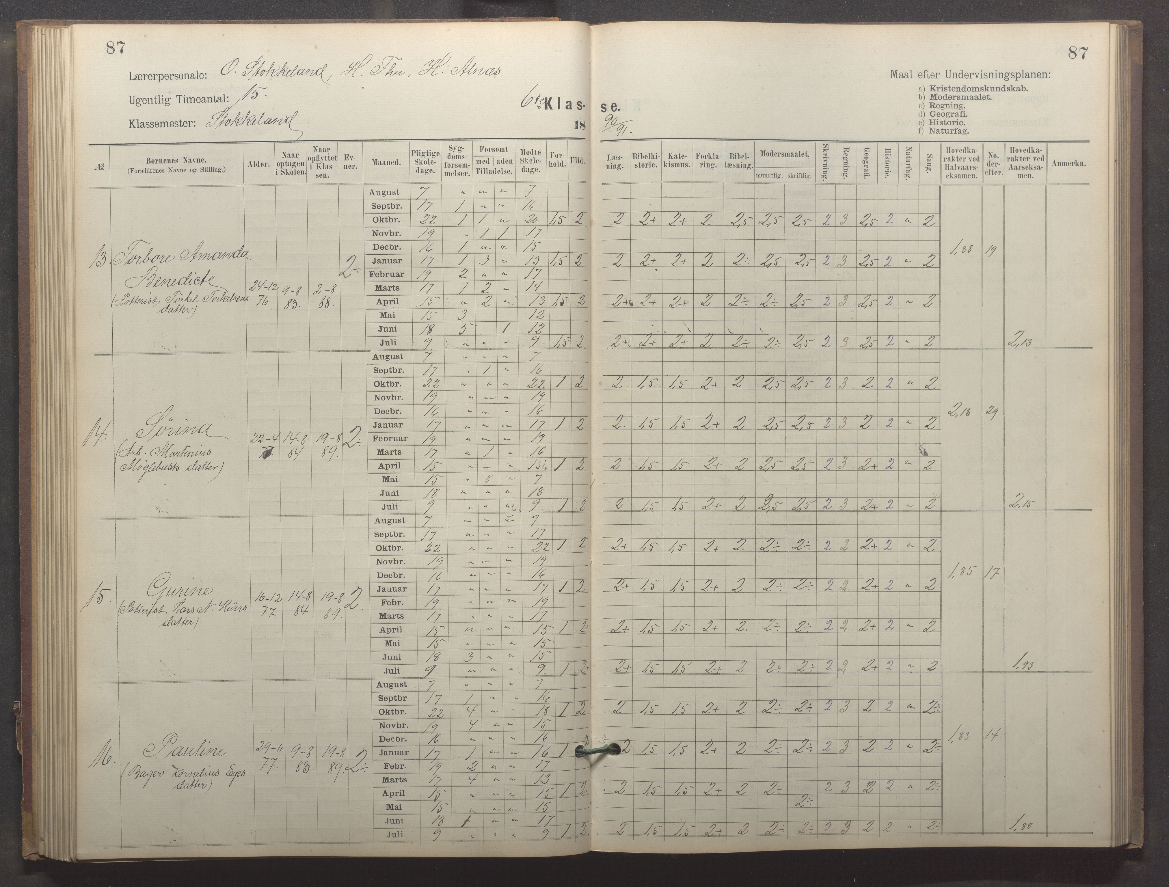 Egersund kommune (Ladested) - Egersund almueskole/folkeskole, IKAR/K-100521/H/L0023: Skoleprotokoll - Almueskolen, 6. klasse, 1886-1892, p. 87