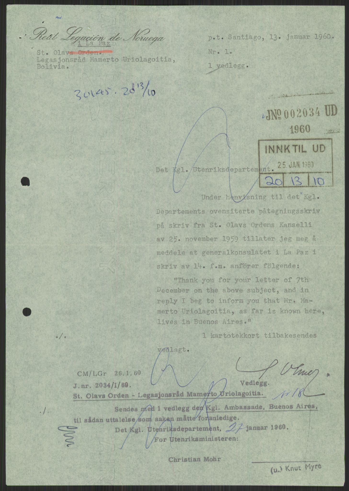 Utenriksdepartementet, hovedarkiv, AV/RA-S-6794/D/Da/Daa/L0537: Ordensvesen. Fremmede lands ordener, medaljer og hederstegn. Hjemsendelse av norske ordener etter utlendinger, 1954-1969, p. 155