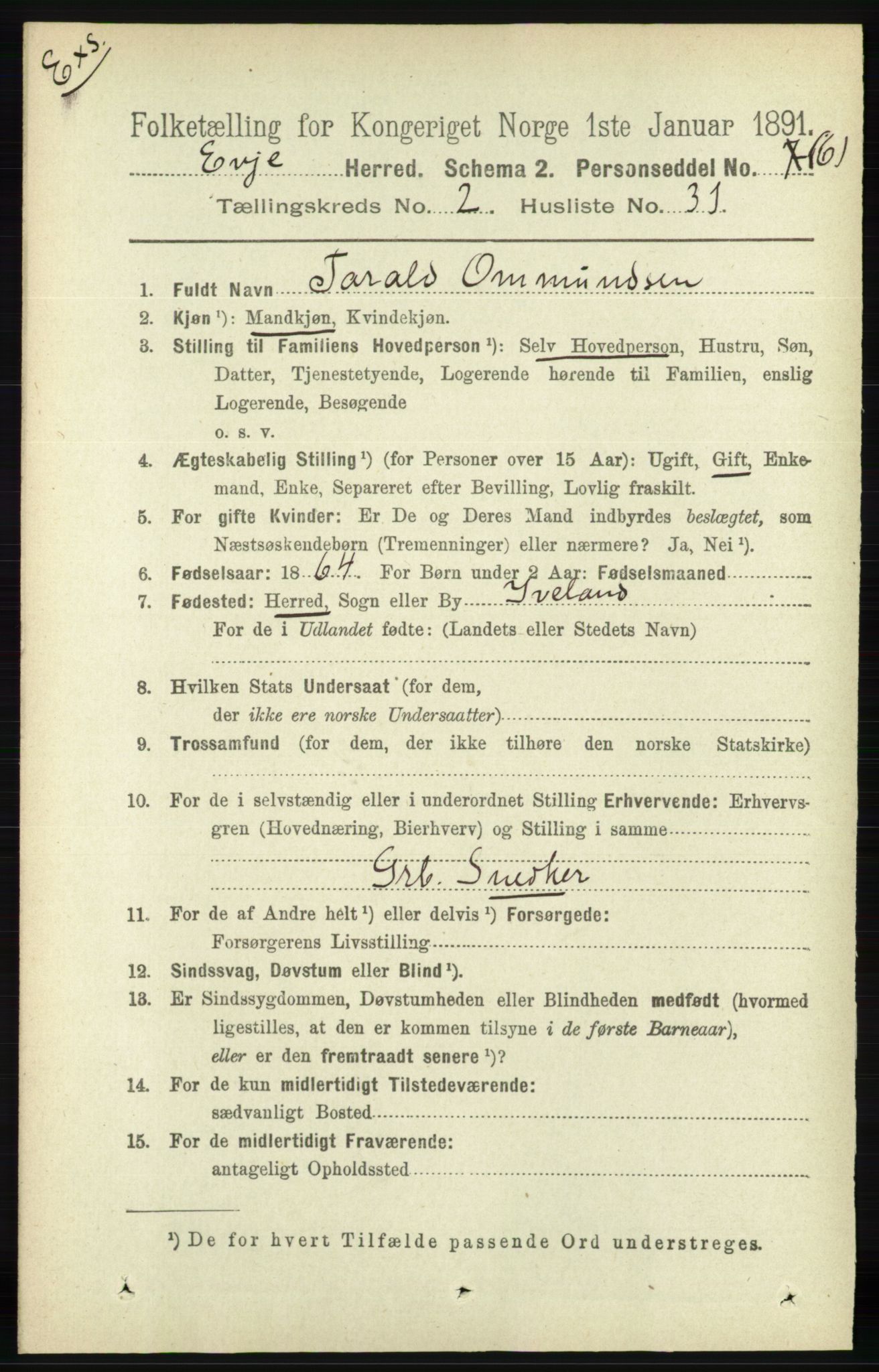 RA, Census 1891 for Nedenes amt: Gjenparter av personsedler for beslektede ektefeller, menn, 1891, p. 1002