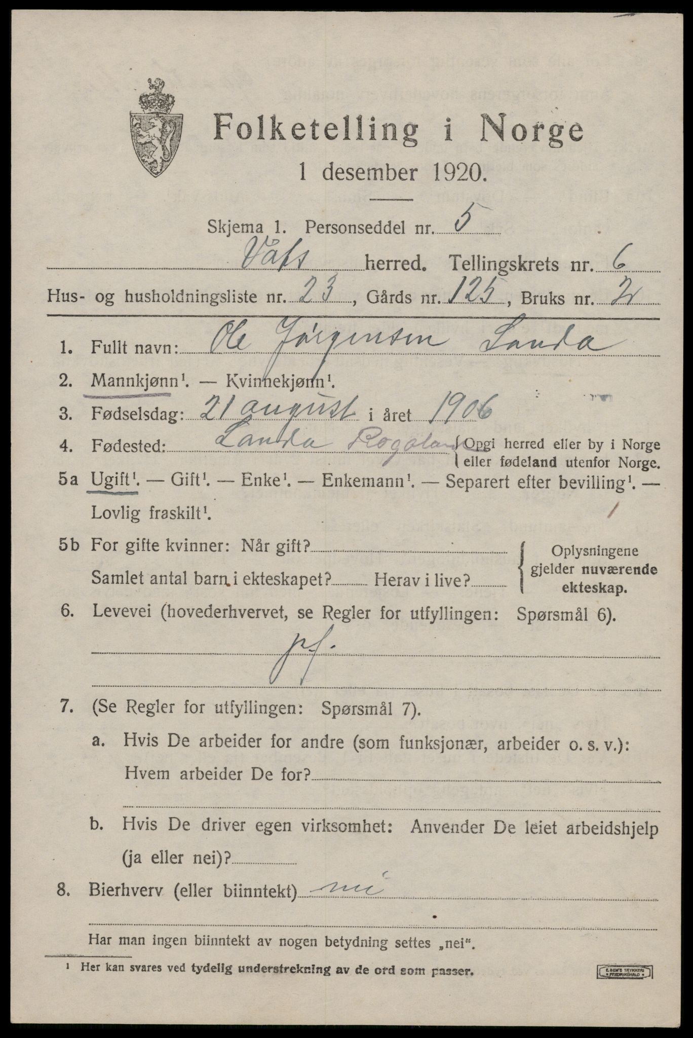 SAST, 1920 census for Vats, 1920, p. 2595
