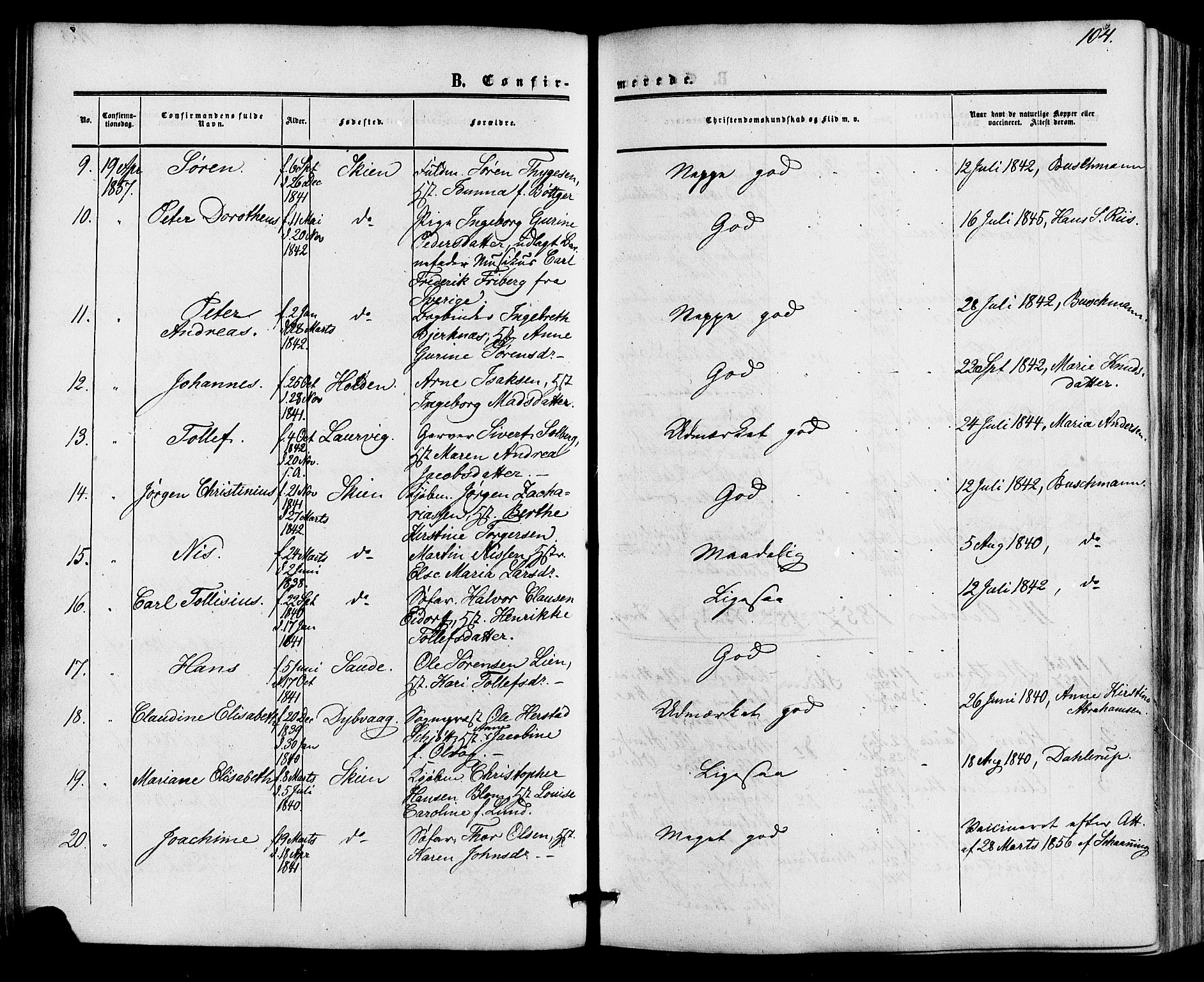 Skien kirkebøker, AV/SAKO-A-302/F/Fa/L0007: Parish register (official) no. 7, 1856-1865, p. 104