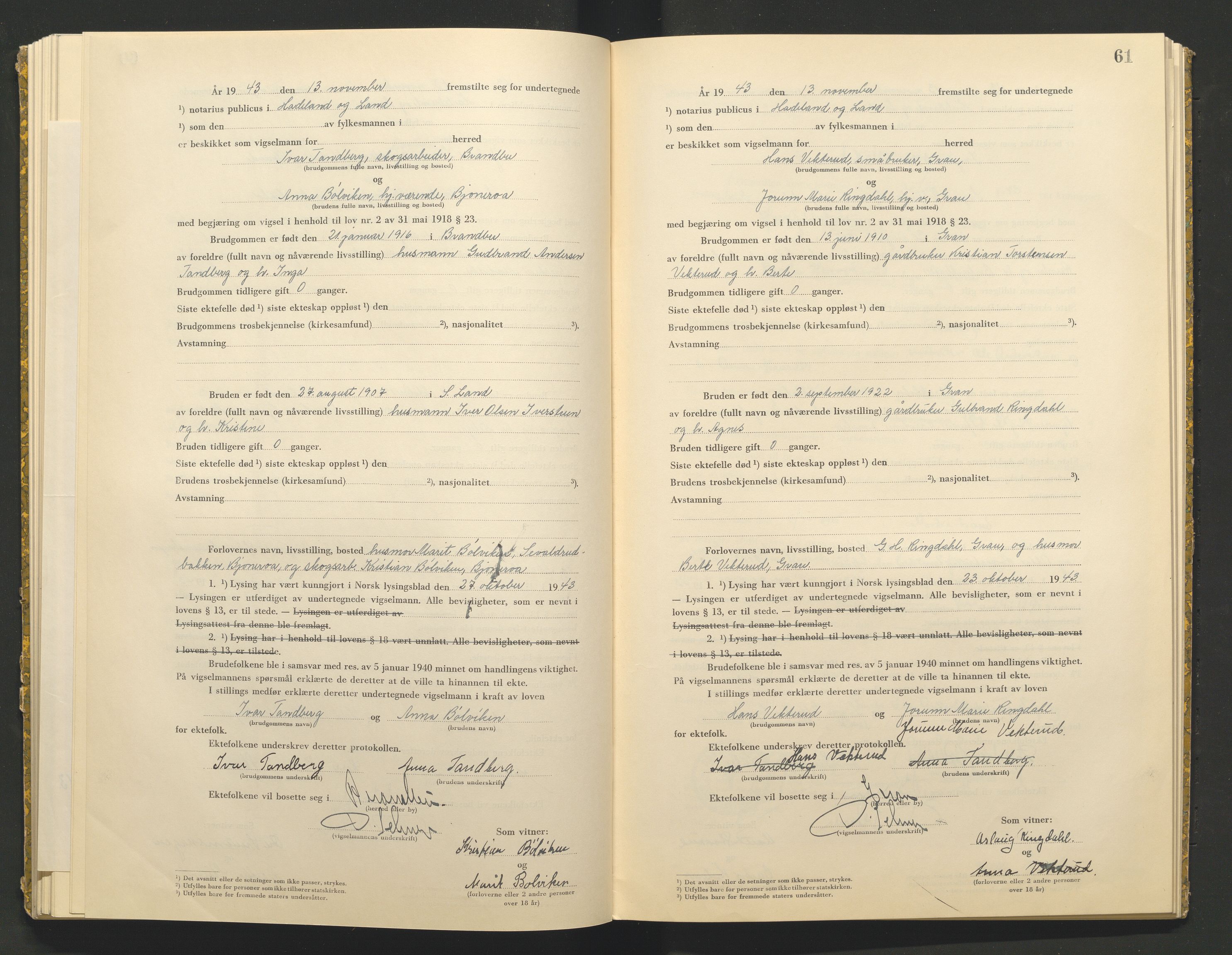 Hadeland og Land tingrett, AV/SAH-TING-010/L/Lb/L0002: Vigselbok, 1943-1944, p. 61